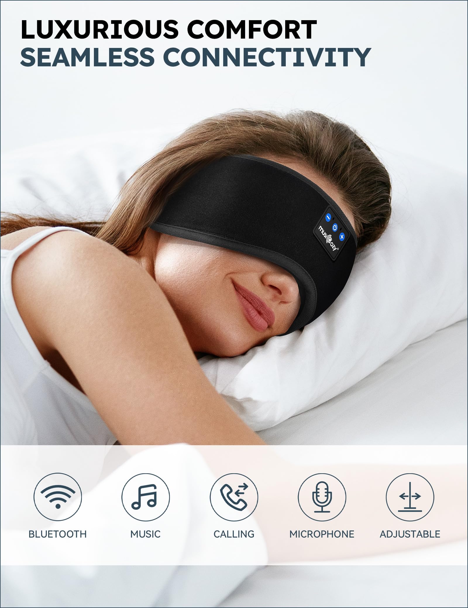 Musicozy Bluetooth 5.4 Sleep Headband with Built-in HD Stereo Speakers - Ice Silk Sleep Mask & Wireless Headphones for Men & Women - Perfect for Travel, Meditation, and Nighttime Relaxation