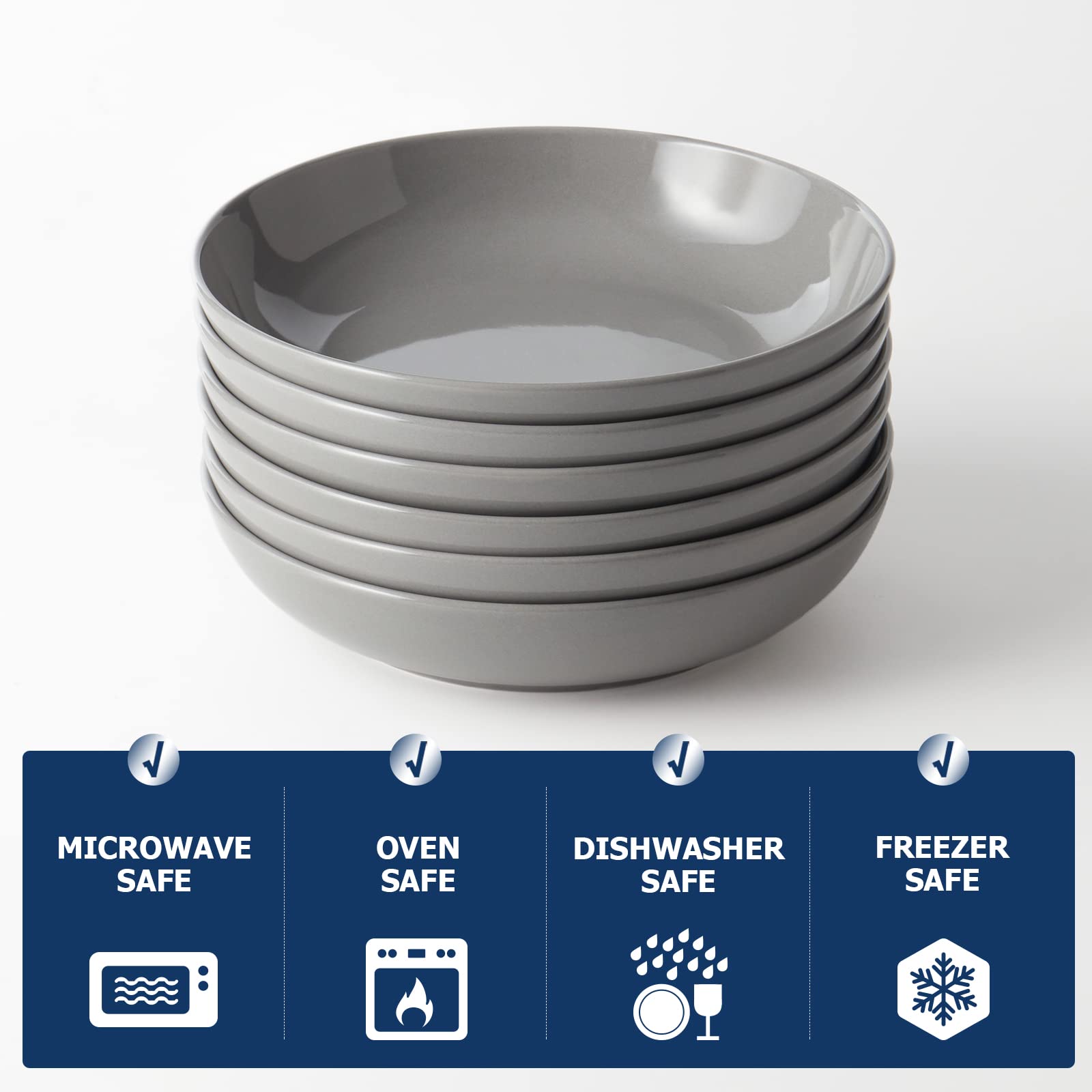8.5'' Pasta Bowls Set of 6 - 30oz Large Porcelain Salad & Soup Bowls - Microwave & Dishwasher Safe Matte Gray Serving Dishes for Dinner, Kitchen, Restaurant & Party Use