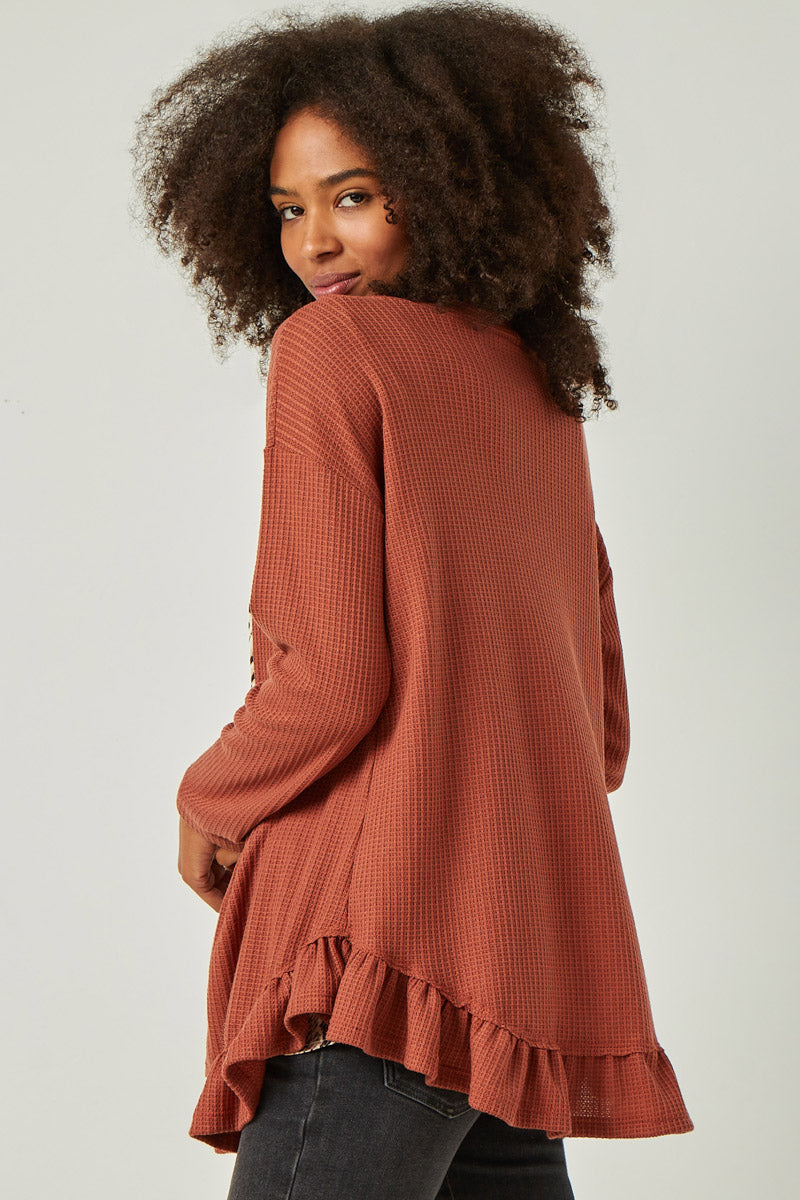 Women's Ruffle Hem Waffle Knit Cardigan Sweater - Soft Long Sleeve Open Front Cover Up for Fall & Winter - Perfect for Office, Date Night and Casual Outfits