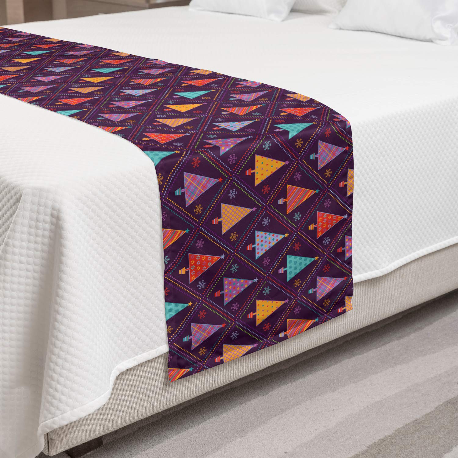 Ambesonne Christmas Bed Runner - Colorful Triangle Trees in Pots with Rhombus Pattern, Holiday Decorative Accent Bedding Scarf for Hotels, Homes & Guest Rooms | Perfect for Winter Decor, Festive Bedding & Seasonal Home Styling