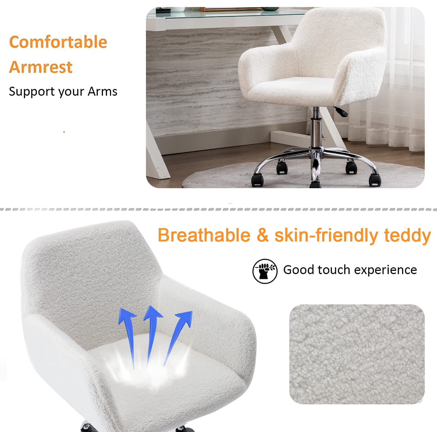 Henf Faux Fur Office Chair - Modern Swivel Desk Chair with Wheels, Tufted Vanity Chair for Home Office & Kids Room, White - Perfect for Work, Study & Makeup Station