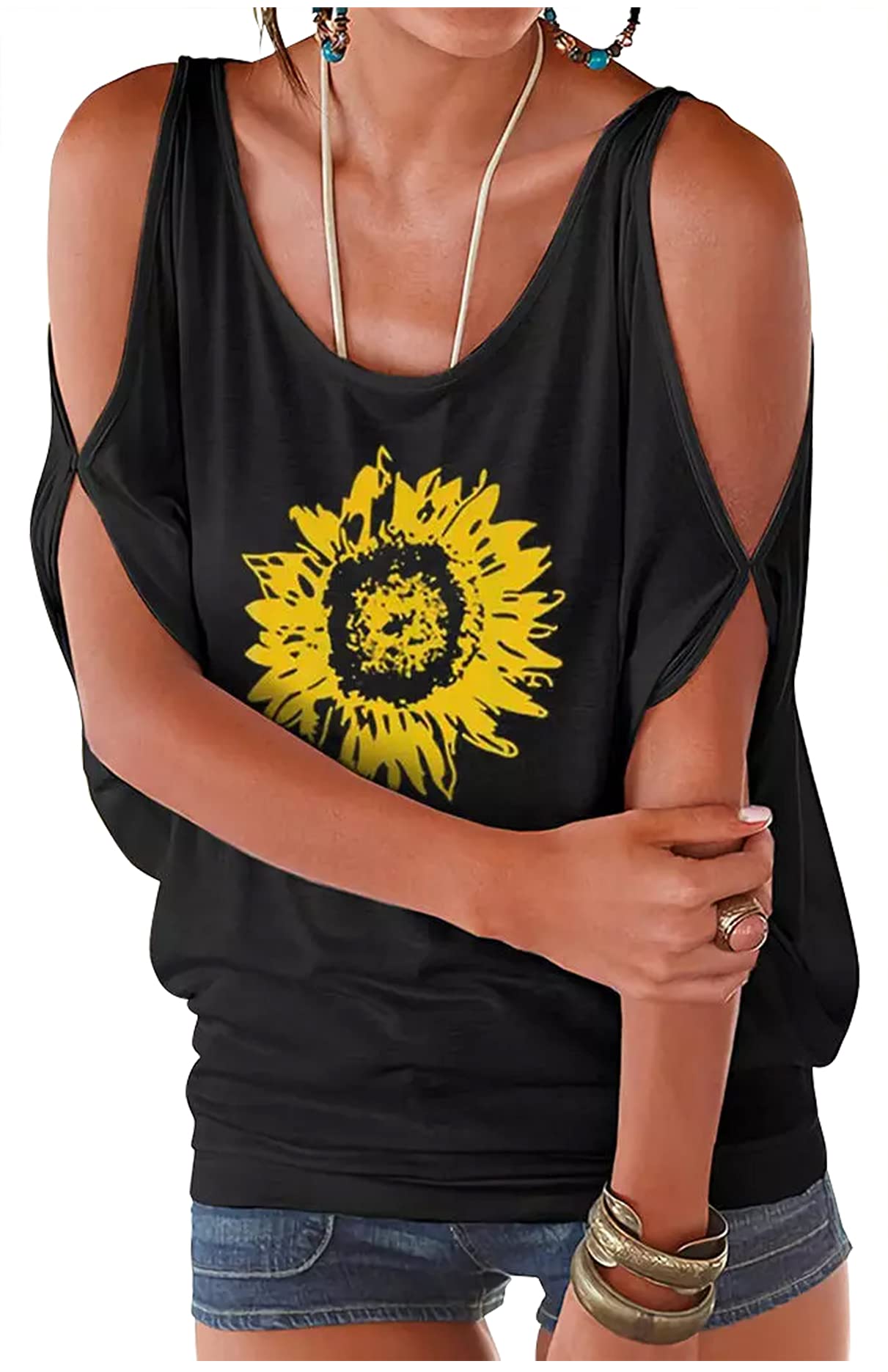 Women's Vintage Sunflower Graphic Cold Shoulder Hollow Out Tie T-Shirt - Loose Casual Short Sleeve Blouse for Summer | Perfect for Beach Outings, Music Festivals & Casual Wear