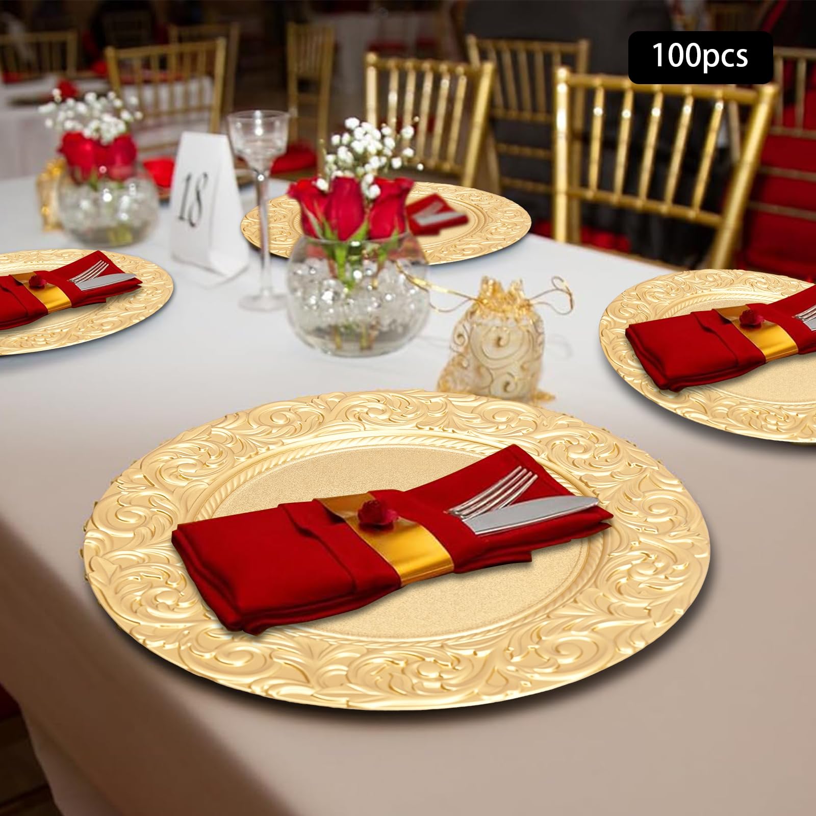 100-Pack 13-Inch Gold Plastic Charger Plates - Elegant Round Dinner Plates for Wedding, Party & Table Decor - Dishwasher Safe & Durable - Perfect for Formal Dinners, Banquets & Special Events