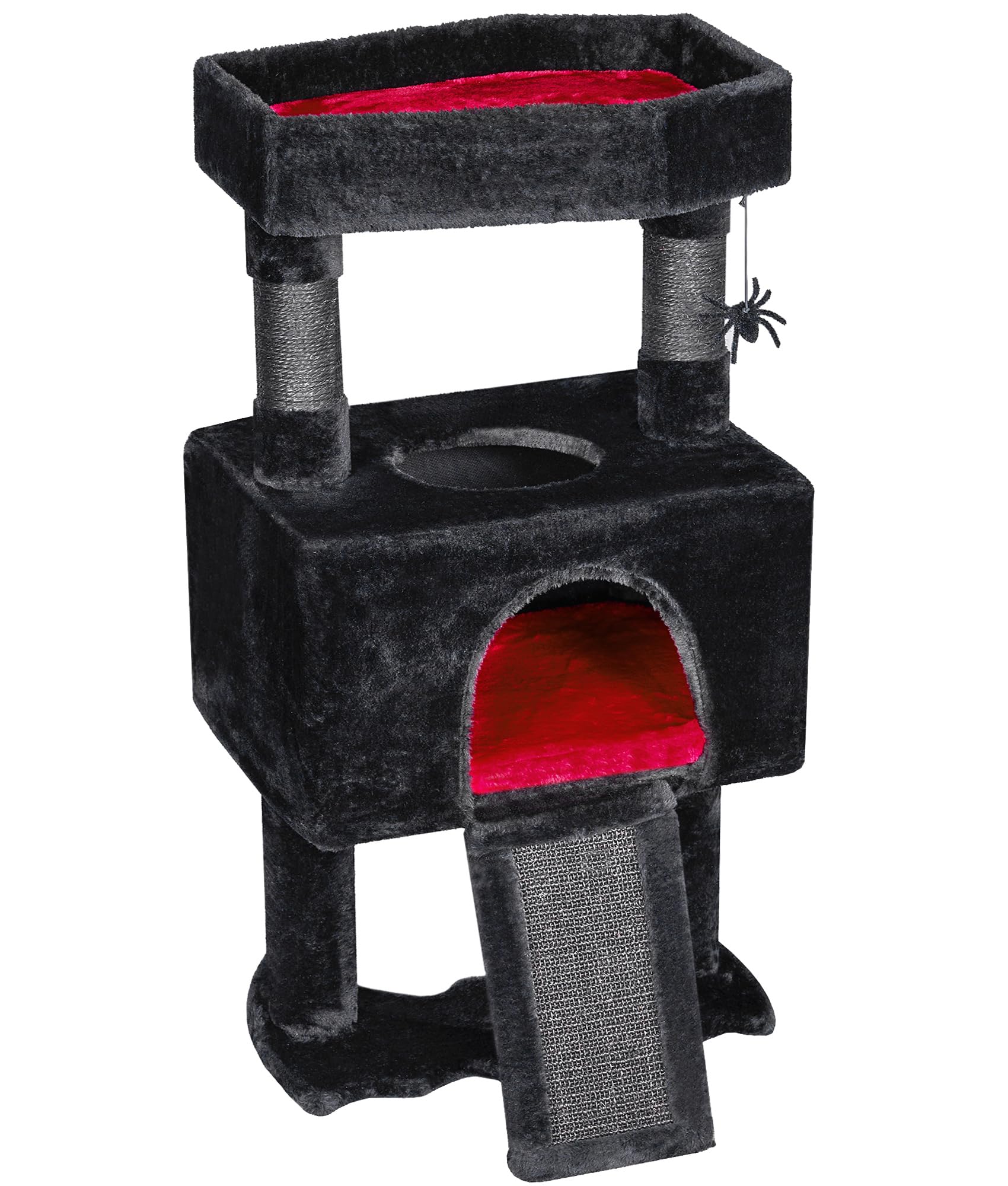 BEWISHOME Gothic Cat Tree with Coffin Cat Bed - Black & Red Halloween Cat Tower with Scratching Post, Soft Cushion & Spider Hanging Ball - Spacious Cat Condo for Play & Rest - Perfect Gothic Pet Furniture for Halloween Decor & Everyday Use