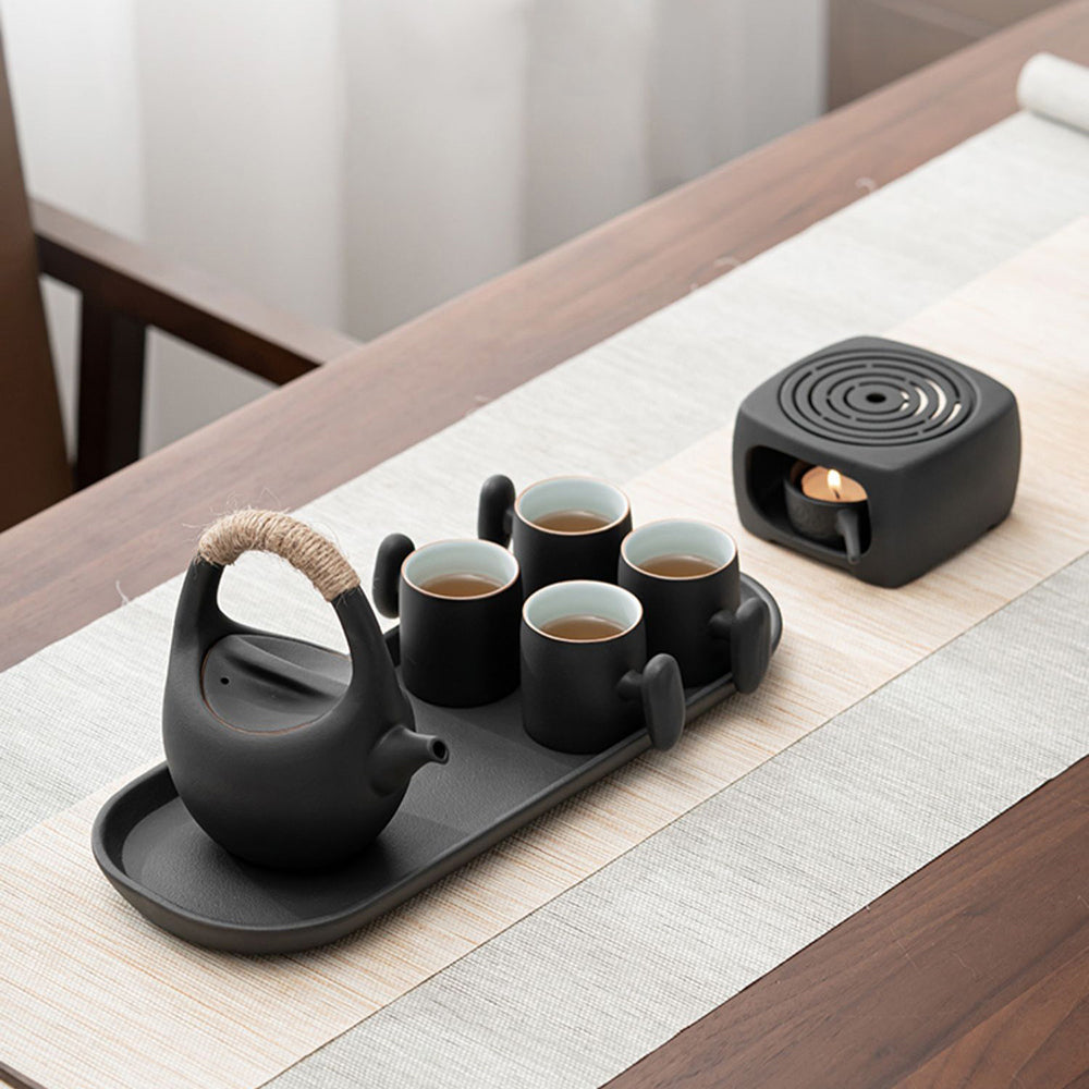 Premium Japanese Black Pottery Tea Set with Warmer - Traditional Handcrafted Ceramic Teapot & Cups - Perfect for Matcha, Green Tea & Home Tea Ceremonies