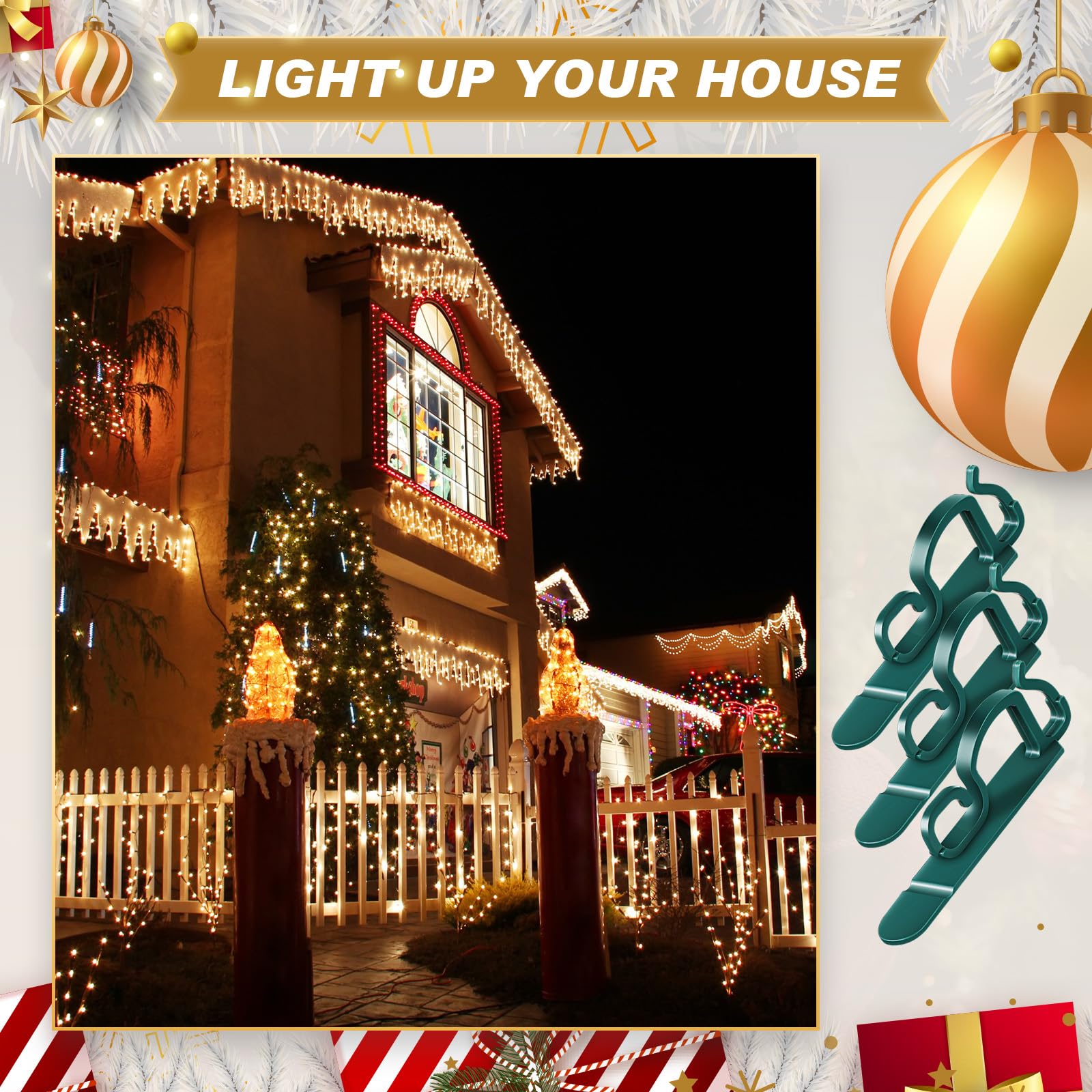 VIHOSE 100 Pcs Christmas Light Clips - Universal Shingle Clips for Outdoor Holiday Decorations, Plastic Hooks for String Lights (Green) - Perfect for Roof, Gutters, and Holiday Light Displays