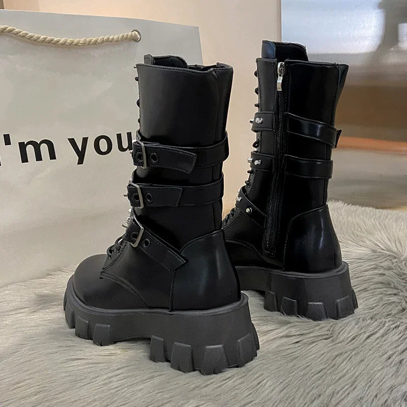 Gothic Punk Women's Combat Motorcycle Boots with Platform Buckles, Chains & Rivets - Chunky Heel Mid Calf Boots for Biker, Rocker & Alternative Fashion | Perfect for Concerts, Nightclubs & Motorcycle Riding