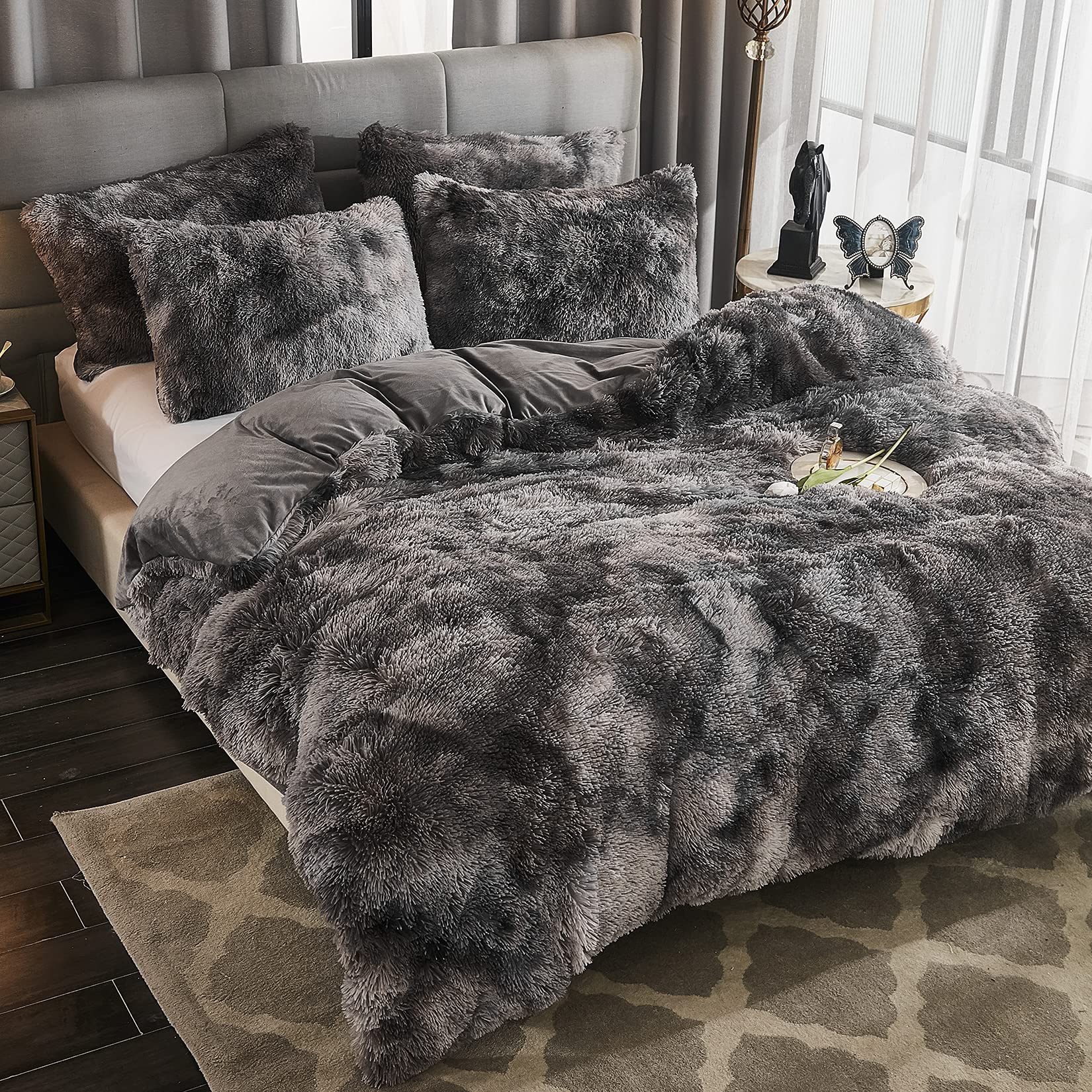 WERDIM Shaggy Fluffy Tie Dye Duvet Cover Set - Soft Velvety Bedding with Button Closure & Pillowcases - Dark Grey Tie Dye Pattern - Twin Size for Cozy Bedroom Decor & Guest Room Styling