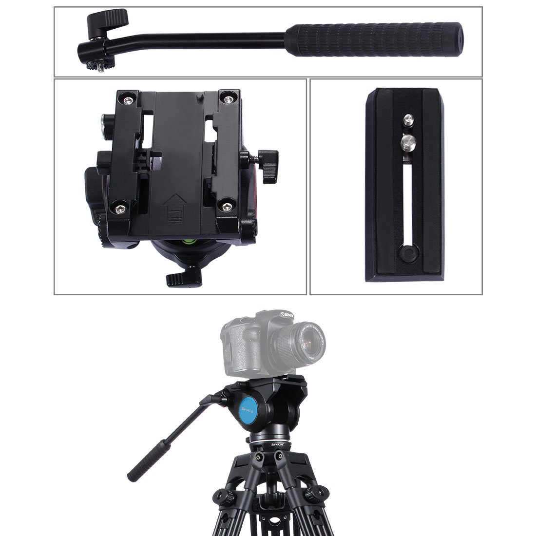 PULUZ Professional Heavy Duty Video Camera Tripod with Fluid Drag Head & Sliding Plate - Compatible with DSLR/SLR Cameras (Black) - Perfect for Film Making, Vlogging and Photography