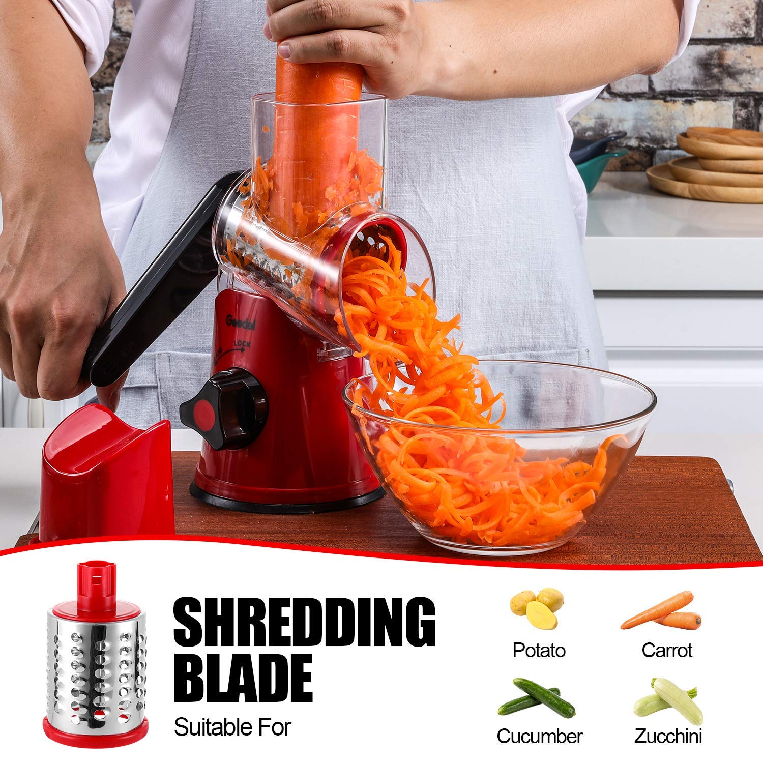 Geedel Rotary Cheese Grater & Vegetable Slicer - 2 Interchangeable Blades for Fruits, Veggies, Nuts - Easy Clean Kitchen Mandoline - Perfect for Salads, Pasta Garnish & Meal Prep