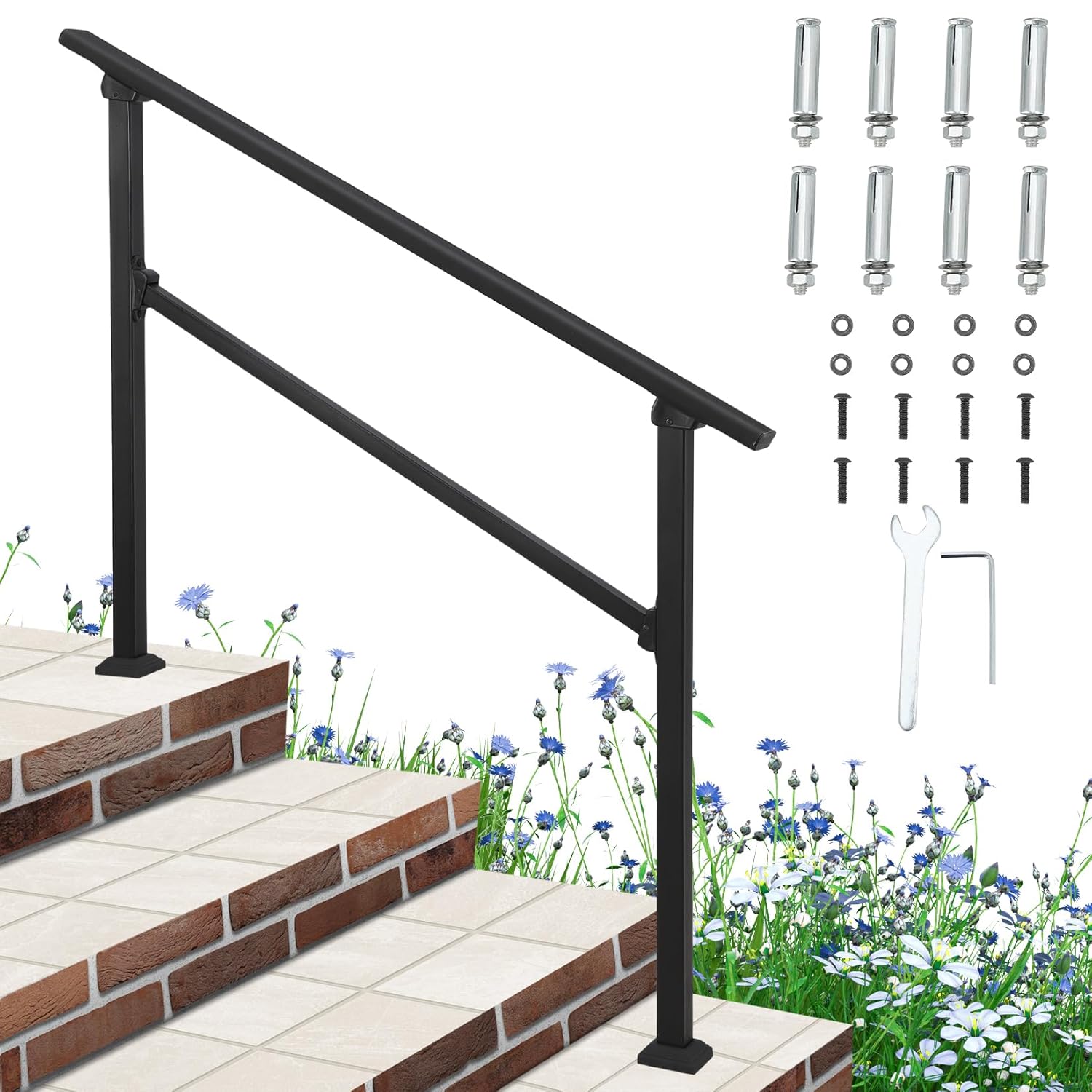 GARVEE 4-Step Outdoor Handrail - Durable Aluminum Alloy Stair Railing for Concrete Steps, Porch & Exterior Safety - Perfect for Home Entryways, Decks, and Patios (4 Steps)