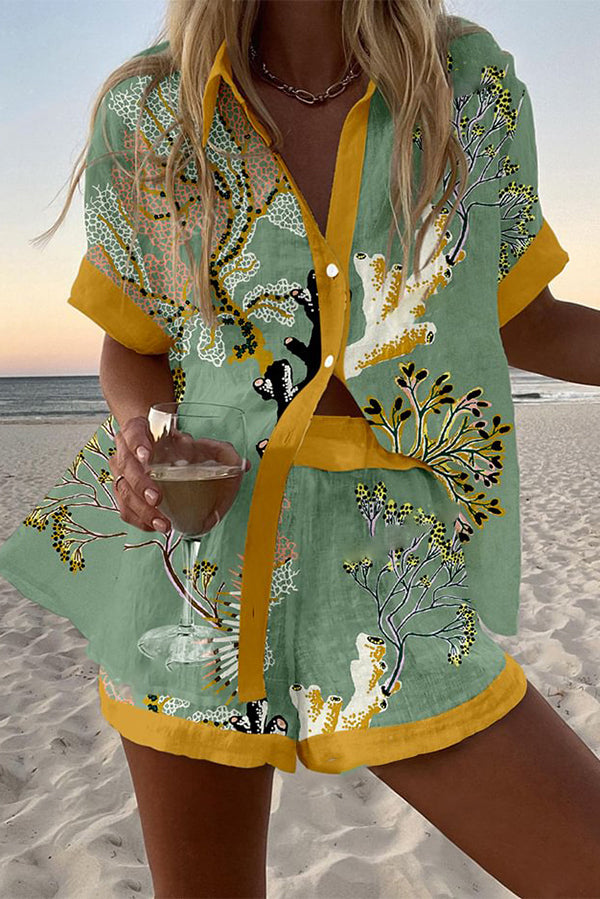 Twig Print Loose Button Elastic Waist Shorts Set - Women's Summer Casual Outfit for Beach, Vacation and Daily Wear