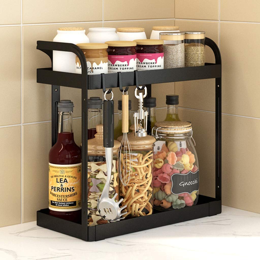 2-Tier Spice Organizer Rack - Kitchen & Bathroom Storage Shelf for Seasoning Jars, Bottles & Utensils - Wall Mount or Countertop Corner Space Saver with Hooks (Black, 32 x 15 x 32 cm) - Perfect for Small Kitchens, Pantry Organization & Bathroom Essentials Storage