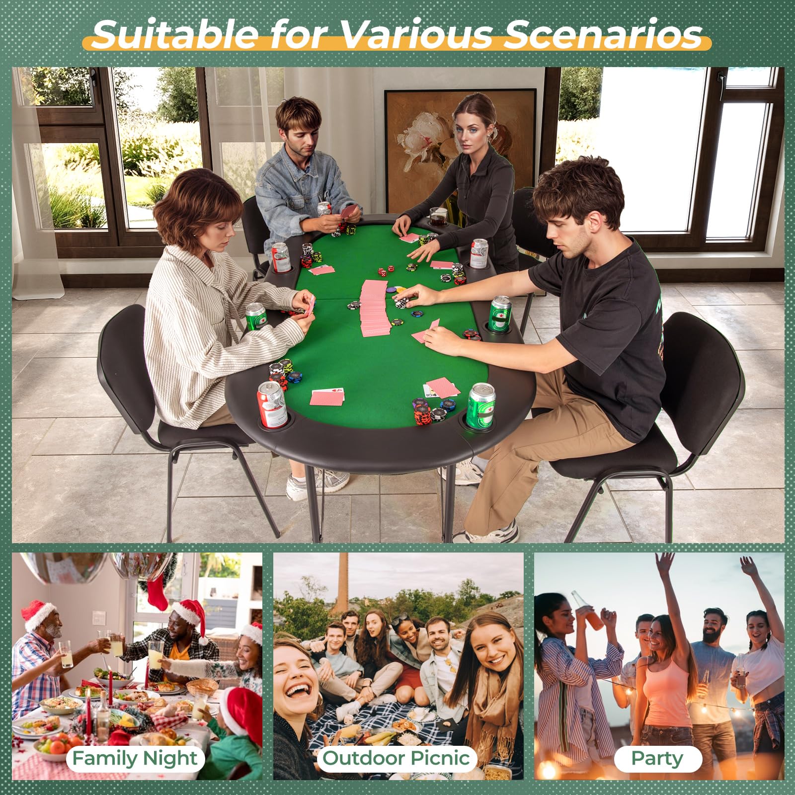 Giantex 8 Player Foldable Poker Table with Cup Holders & Armrests - Casino Grade Felt Portable Card Game Table for Texas Holdem & Blackjack - Perfect for Game Nights, Casino Parties & Home Entertainment