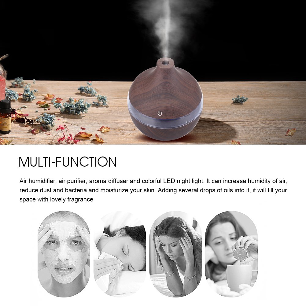 Wood Grain Humidifier 300ml - USB Powered Cool Mist Humidifier with Colorful LED Night Light for Home, Office, Car & Bedroom - Perfect for Dry Air Relief, Aromatherapy & Baby Nursery