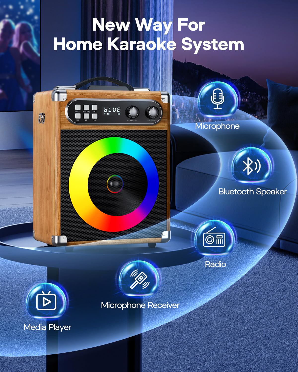 Portable Bluetooth Karaoke Machine with 2 Wireless Microphones - PA System with Bass/Echo Control, LED Lights, TF Card/USB/Aux Input for Home Parties, Indoor/Outdoor Gatherings & Birthday Celebrations (Wood-NT002)