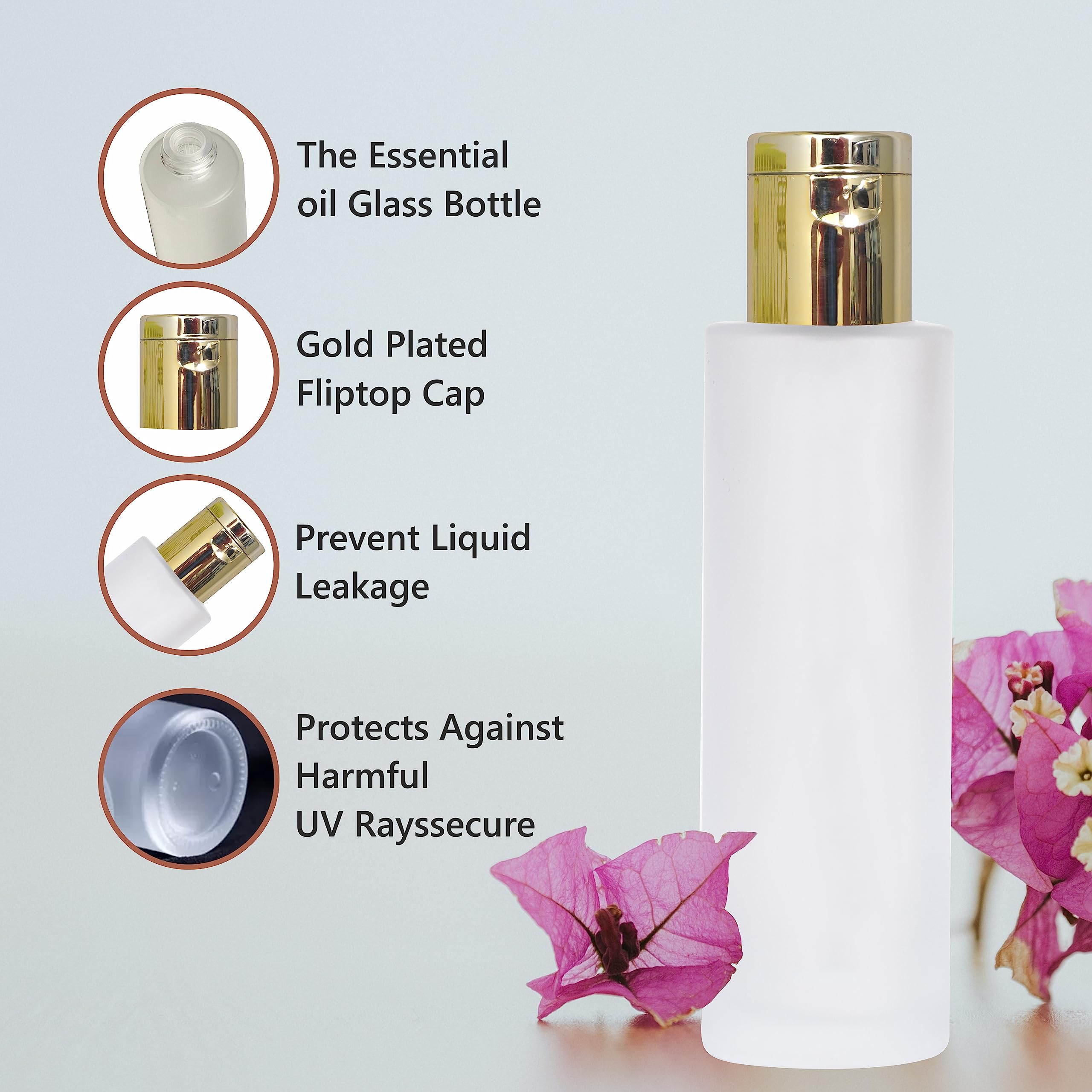 Premium Frosted Glass Bottle with Golden Flip Top Cap - Set of 2 | Elegant Water Bottle for Home, Office & Gym | BPA-Free Reusable Drinking Container for Juice, Tea & Infused Water