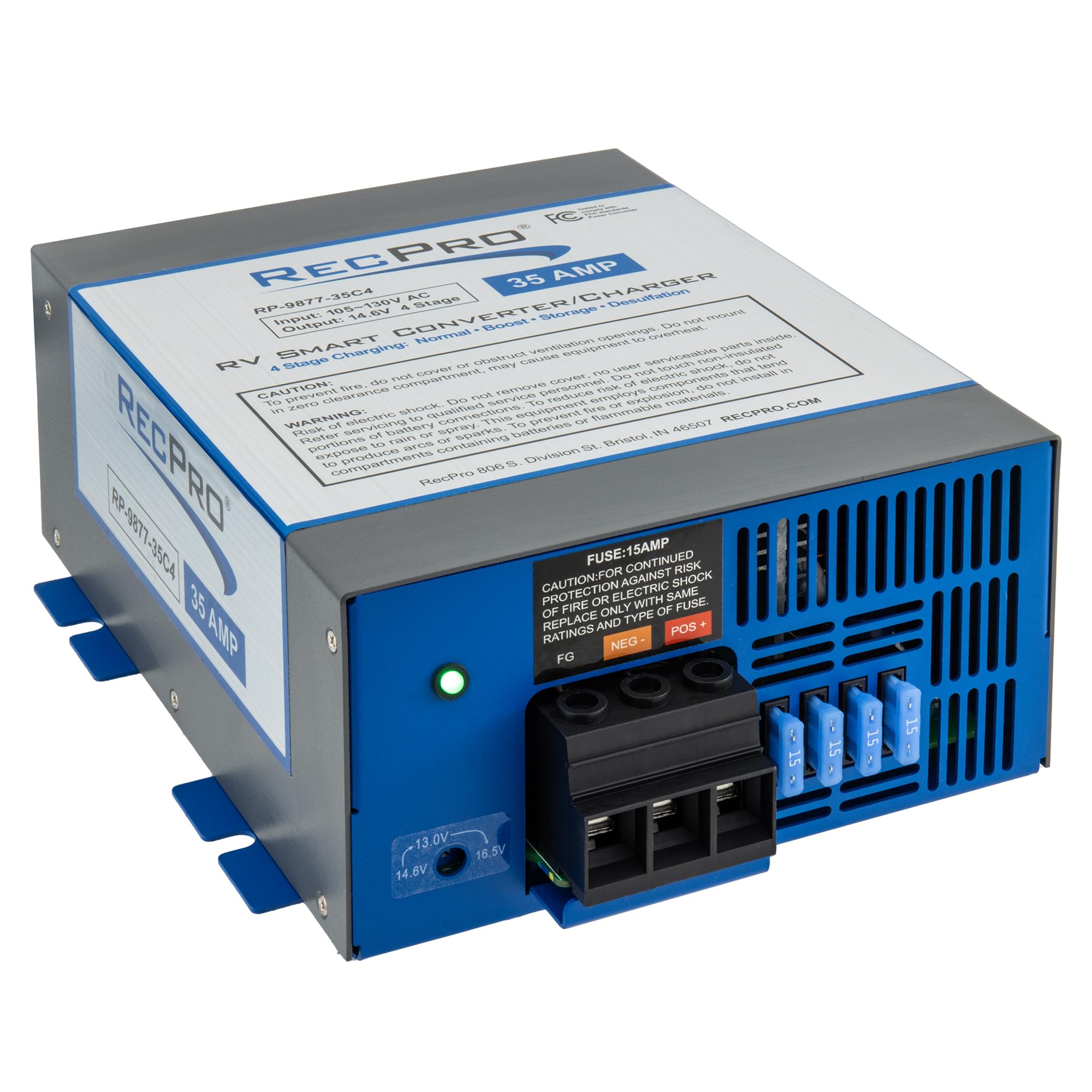 RecPro 35 Amp RV Power Converter & Battery Charger - 4 Stage Smart Charging, 120VAC to 12VDC, 13V-16.5V Range - Perfect for RV, Camper, Travel Trailer & Marine Power Conversion