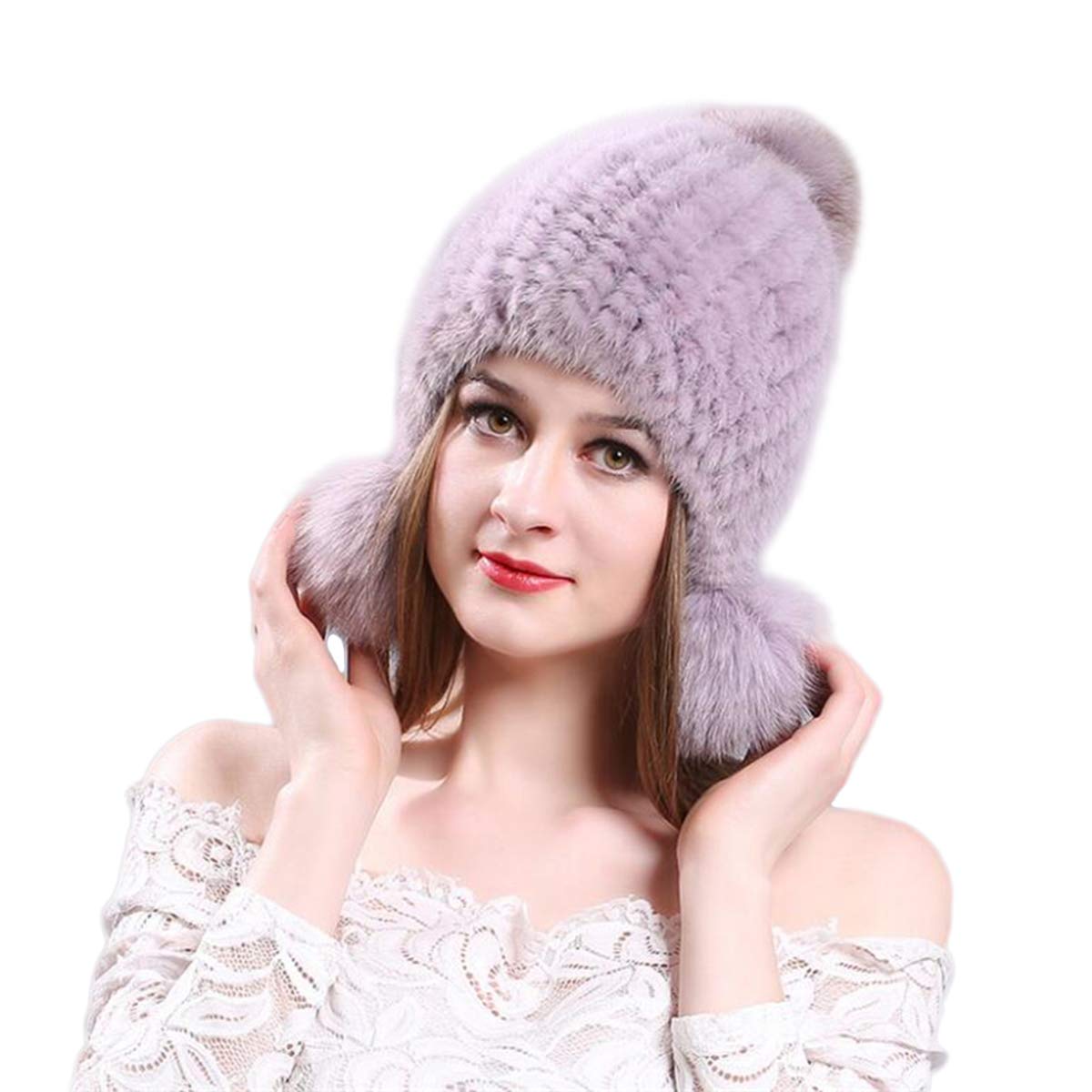 KAISHIN Women's Winter Bomber Hat with Real Mink Fur & Fox Fur Pom Pom - Knitted Warm Beanie with Earmuffs for Cold Weather, Outdoor Activities, and Fashion Accessories