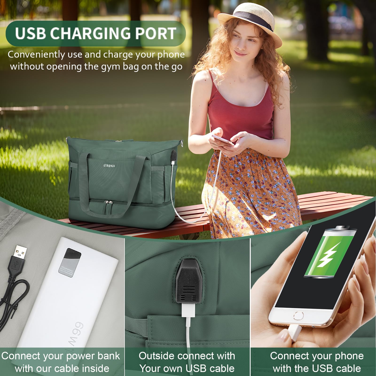 ETRONIK Women's Gym Bag with USB Charging Port - Waterproof Wet Pocket & Shoe Compartment - Durable Travel Duffel & Weekender Overnight Bag for Yoga, Fitness, Workout & Sports - Perfect for Gym, Travel & Weekend Getaways (Dark Green)