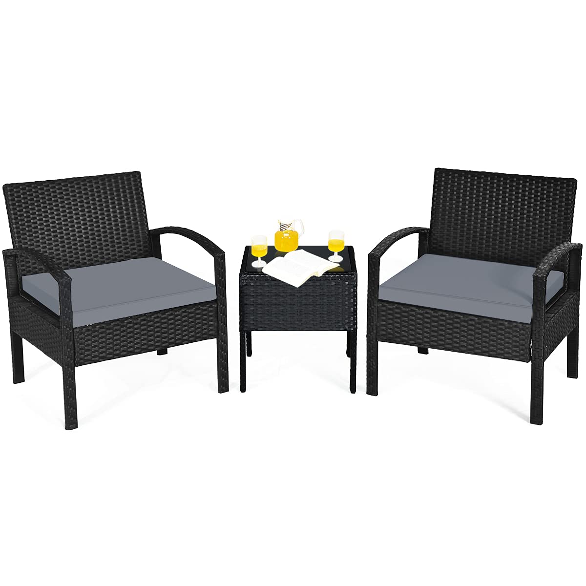 3-Piece Outdoor Patio Furniture Set - Rattan Wicker Conversation Chairs with Beige Cushions & Tempered Glass Coffee Table - Perfect for Backyard, Porch, Poolside, Garden, and Patio - Gray Weather-Resistant Set