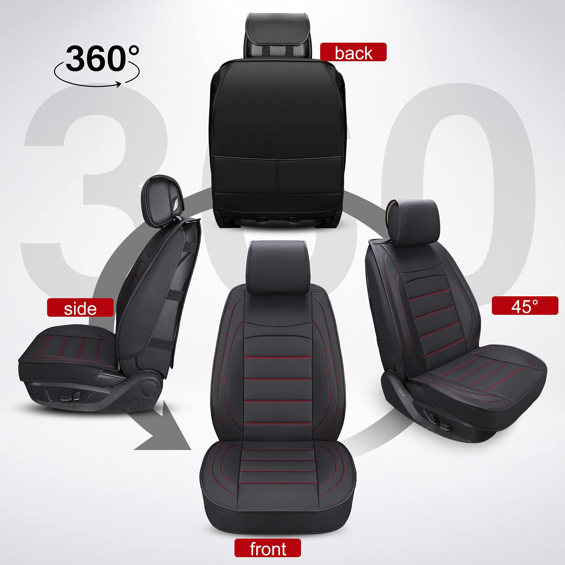 Premium Universal Leather Car Seat Covers Full Set - Waterproof Leatherette Auto Seat Protectors for SUV, Truck & Sedan | Black & Red | Perfect for Road Trips & Daily Commuting
