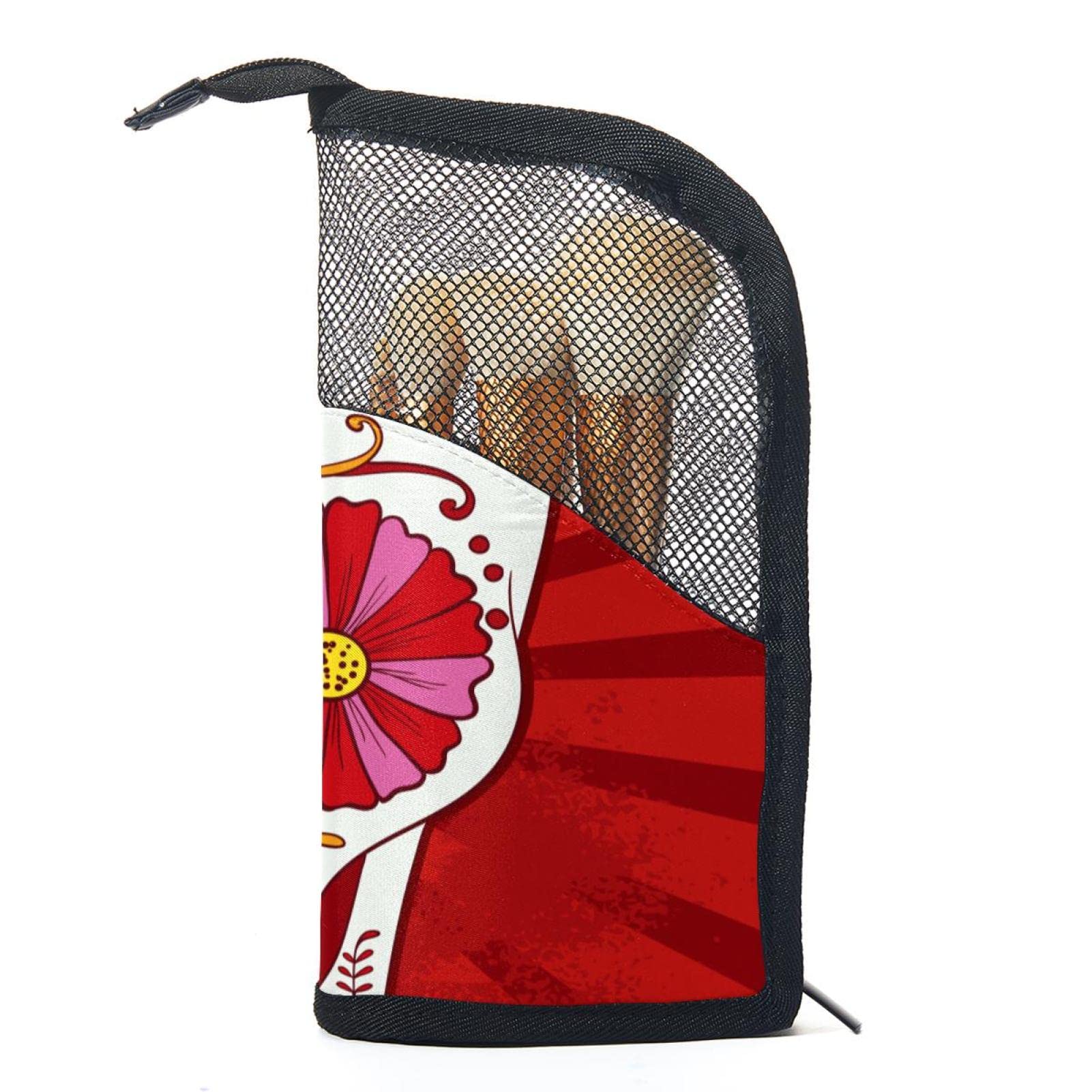 Portable Makeup Brush Organizer Bag with 12 Slots - Sugar Skull Red Design Travel Cosmetic Brush Holder Case - Perfect for Makeup Artists & Travel | Home Vanity & Professional Kit Organization
