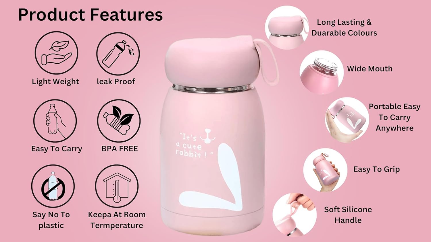 Piercell® Cute Rabbit Print Glass Water Bottle - 330ml BPA-Free Travel Friendly Bottle for Kids, Boys & Girls - Stylish Leak-Proof Design for School, Gym, Hiking & Outdoor Activities (Multicolor, Pack of 1)