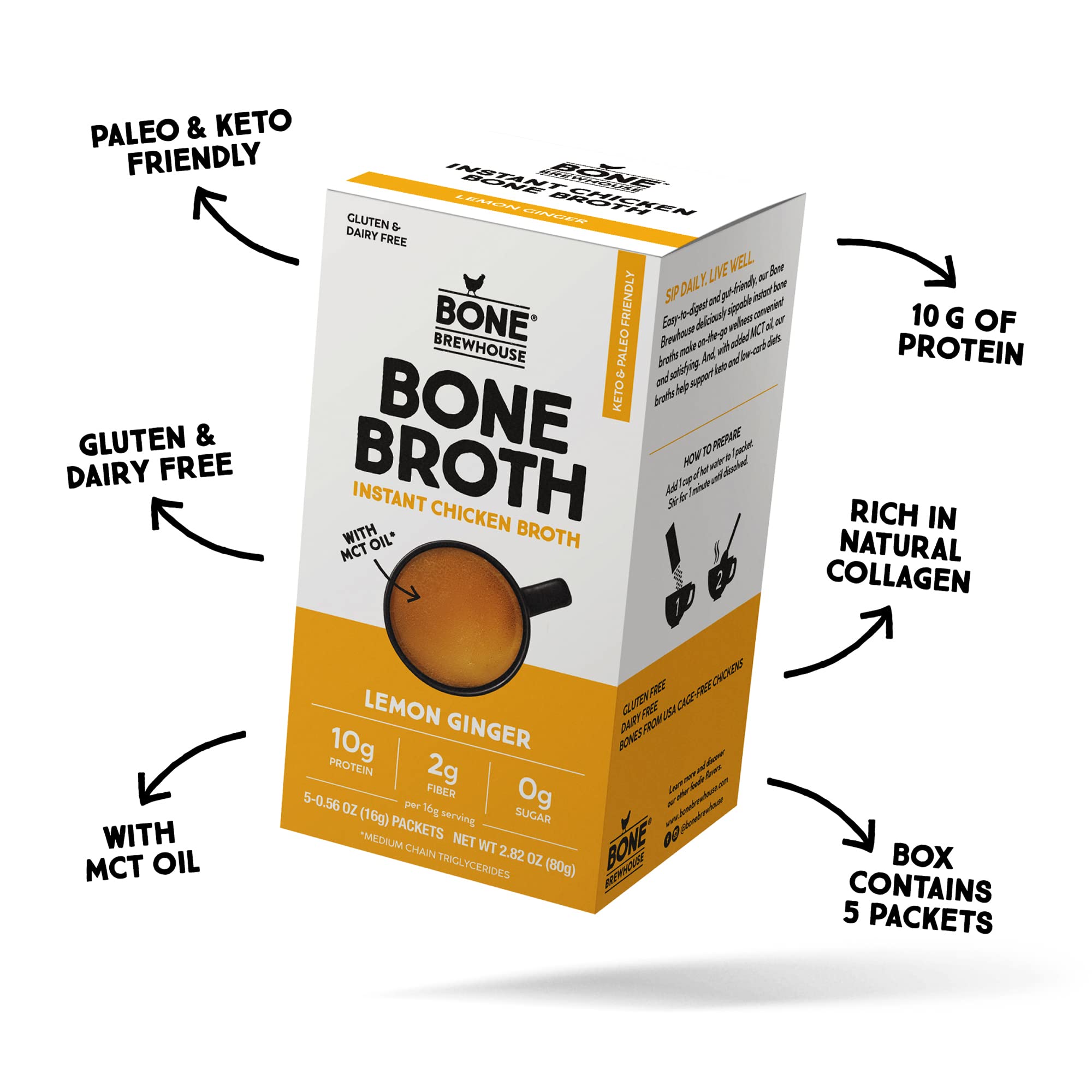 Bone Brewhouse Chicken Bone Broth Protein Powder - Lemon Ginger Flavor - Keto Paleo Friendly Instant Soup - 10g Protein per Serving - Natural Collagen Supplement - Gluten Free Dairy Free - 5 Servings - Perfect for Post-Workout Recovery & Keto Diet Meals
