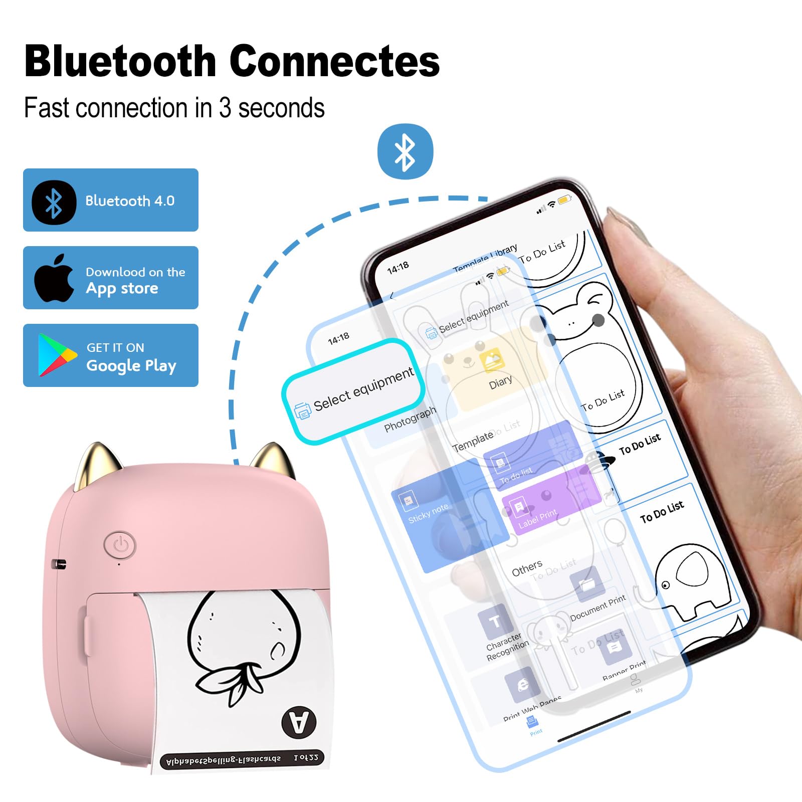 HUIJUTCHEN Print Pods Mini Bluetooth Thermal Sticker Printer - Portable Wireless Pocket Printer for iOS & Android, Includes 10 Rolls Thermal Paper - Inkless Photo Note Printer for Students, Office & Home Use (Pink)