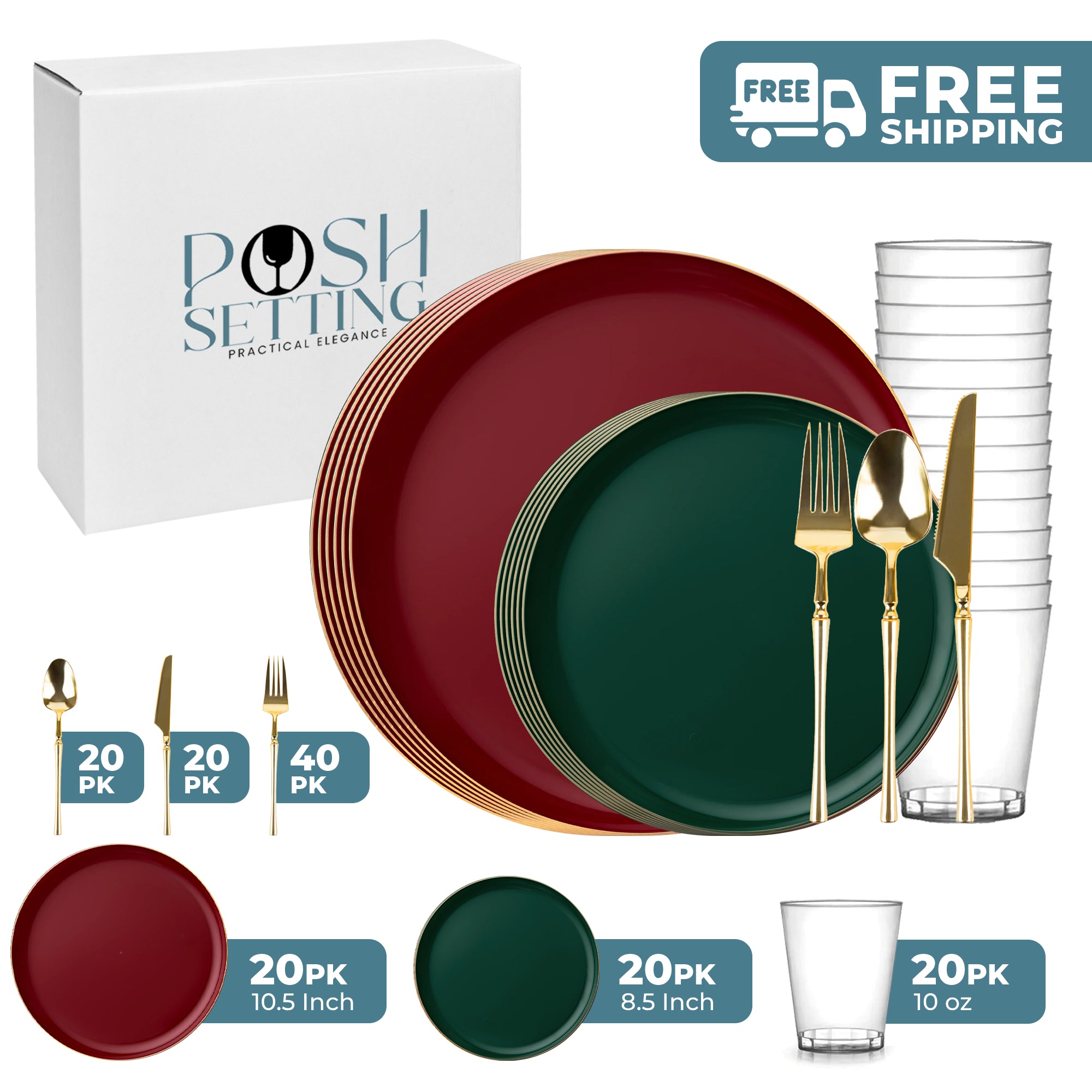 Premium Green & Cranberry Plastic Christmas Party Plates with Gold Rim - Elegant Holiday Dinnerware for Festive Gatherings, Decorations & Celebrations