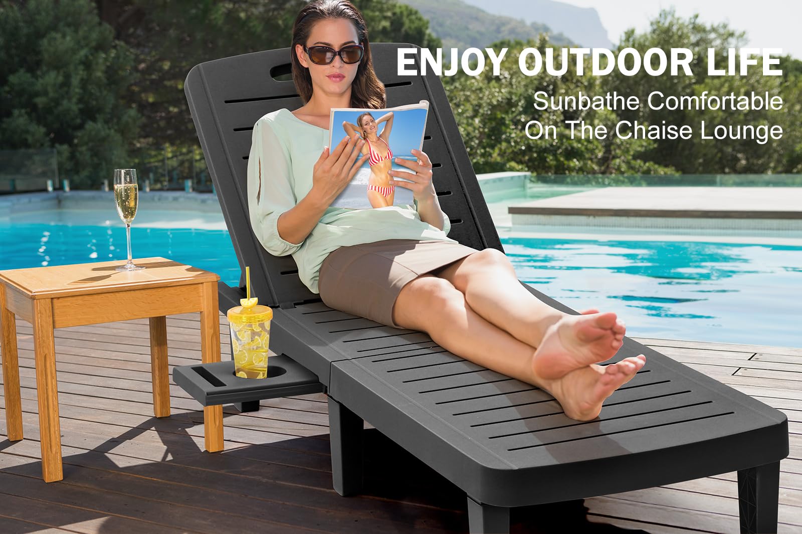 **Waterproof Resin Chaise Lounge Outdoor - Adjustable 5-Position Recliner Chair for Patio, Poolside, Beach & Yard - All-Weather Durable Black Lounge Chair (1PCS) - Perfect for Sunbathing, Relaxing & Outdoor Lounging**