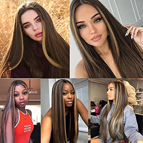 Long Straight Ombre Brown Wig with Middle Part - Natural Looking Synthetic Hair for Daily Wear & Cosplay