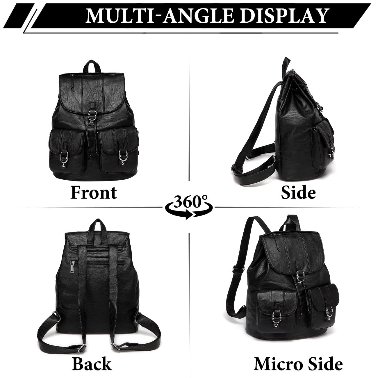 VASCHY Women's Faux Leather Backpack Purse with Buckle Flap & Drawstring Closure, Stylish College Backpack with Two Front Pockets - Black | Perfect for School, Travel & Everyday Use