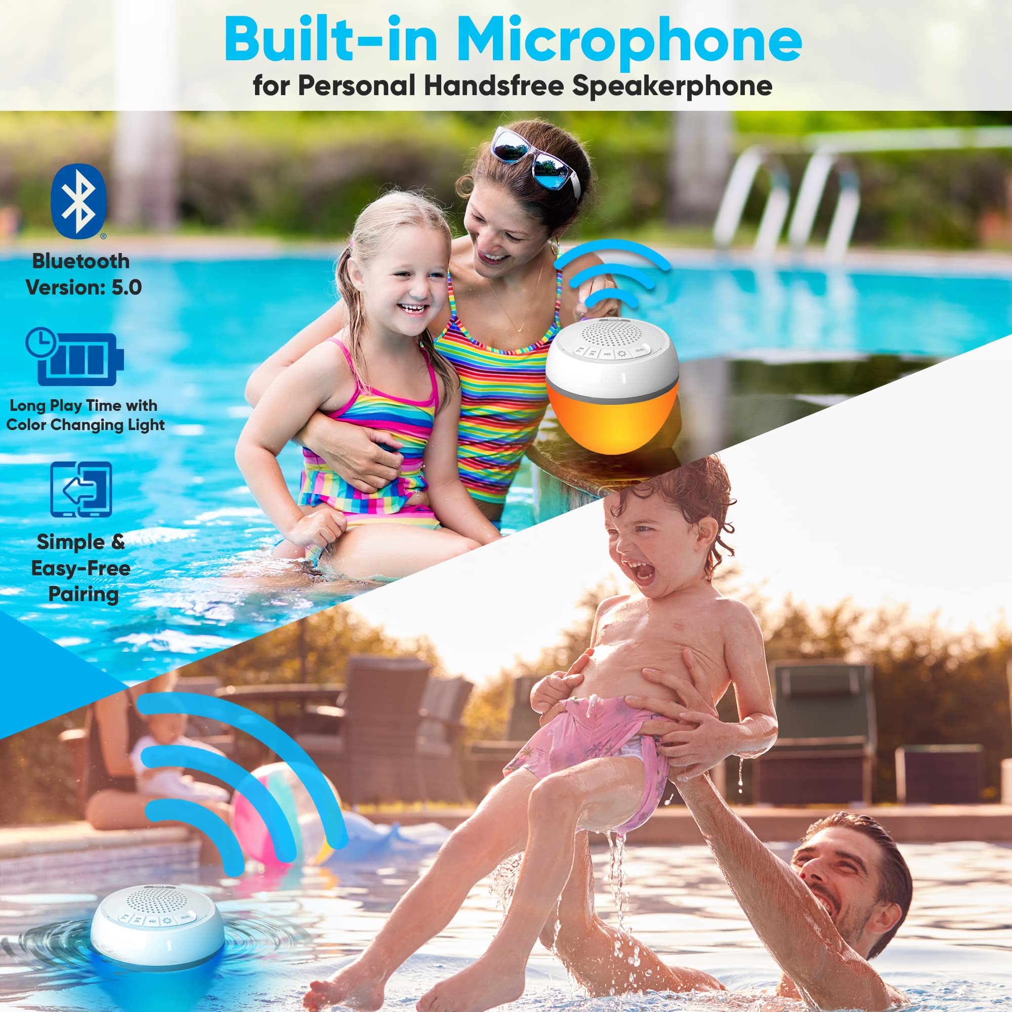 PyleUsa IP68 Waterproof Floating Bluetooth Speaker with LED Lights, Portable Wireless Pool Speaker with Stereo Surround Sound, USB Rechargeable, 50 ft Range, Perfect for Pool, Beach, Shower, Hot Tub, Travel, and Outdoor Parties