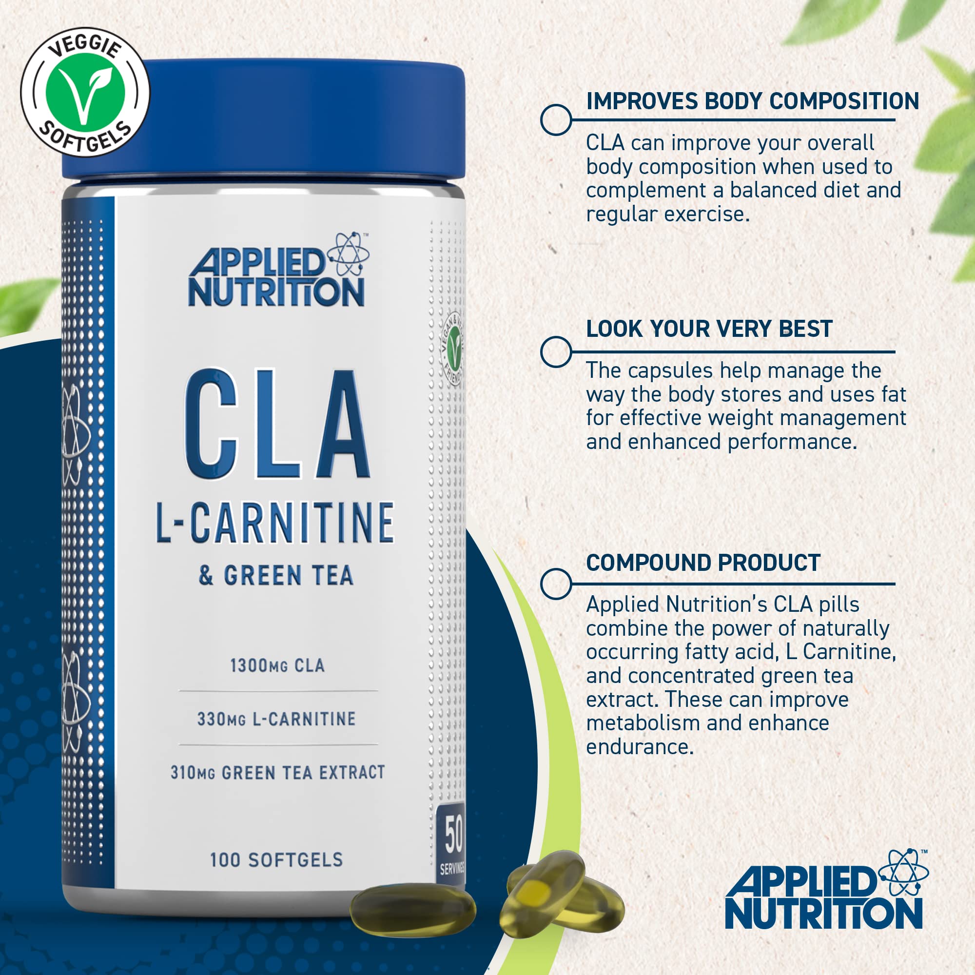 Applied Nutrition CLA L-Carnitine & Green Tea Extract 100 Softgels – Weight Management & Energy Support Supplement for Fitness & Active Lifestyle