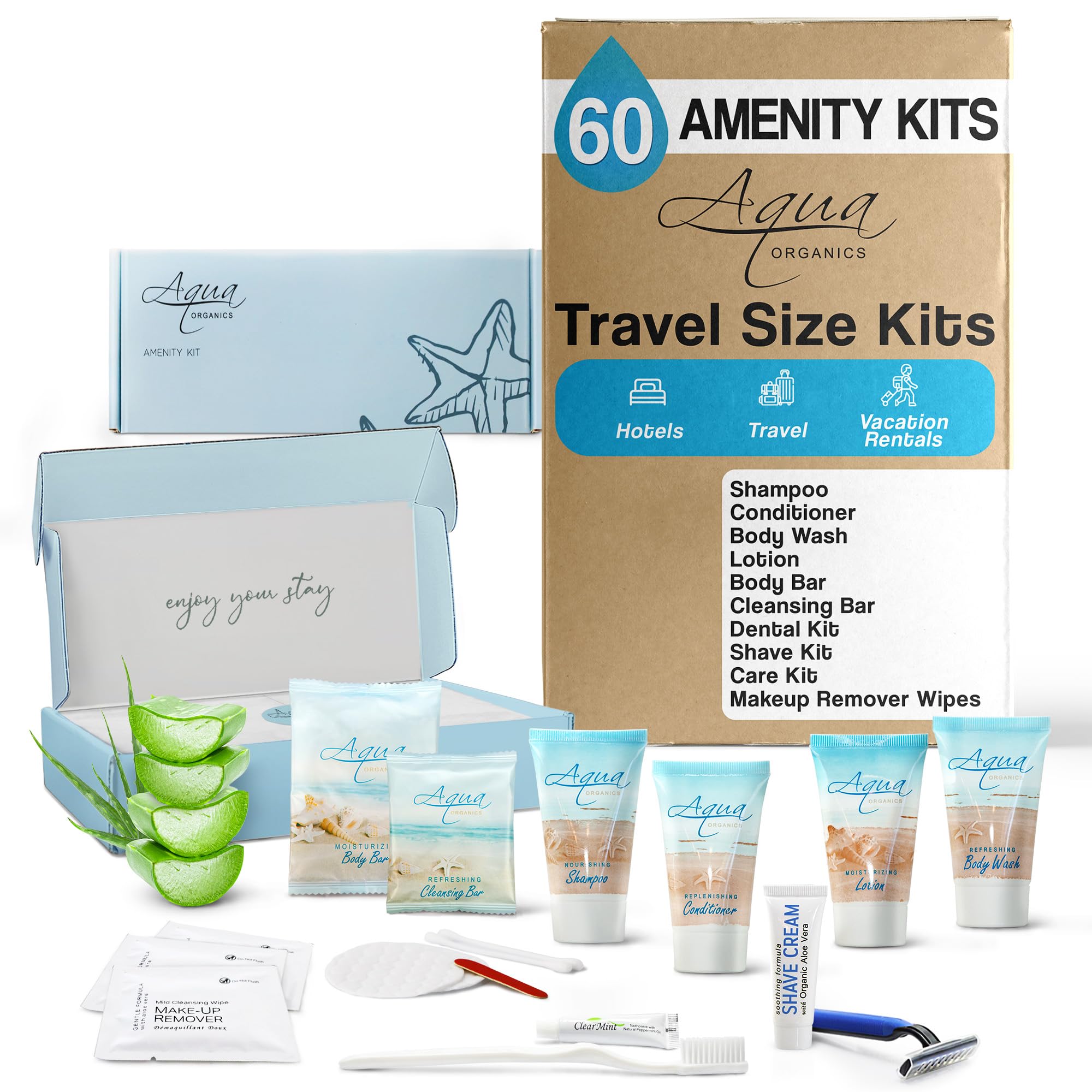 Aqua Organics Travel Amenity & Accessory Kit - 60 Sets with 1 oz Shampoo, Conditioner, Lotion, Body Wash, Soap Bars, Shaving Kit, Dental Set & Makeup Wipes | Perfect for Hotels, Spas, Airlines & Luxury Gift Baskets