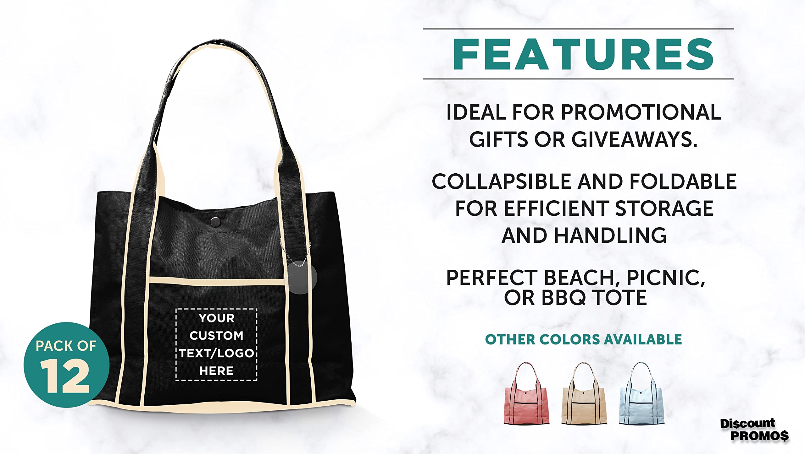 Custom Printed Polyester Tote Bags Bulk Pack - 12 Pack Personalized Fashion Totes with Reinforced Straps & Snap Closure - Durable Reusable Shopping Bags for Grocery, Beach, Work & Everyday Use - Black