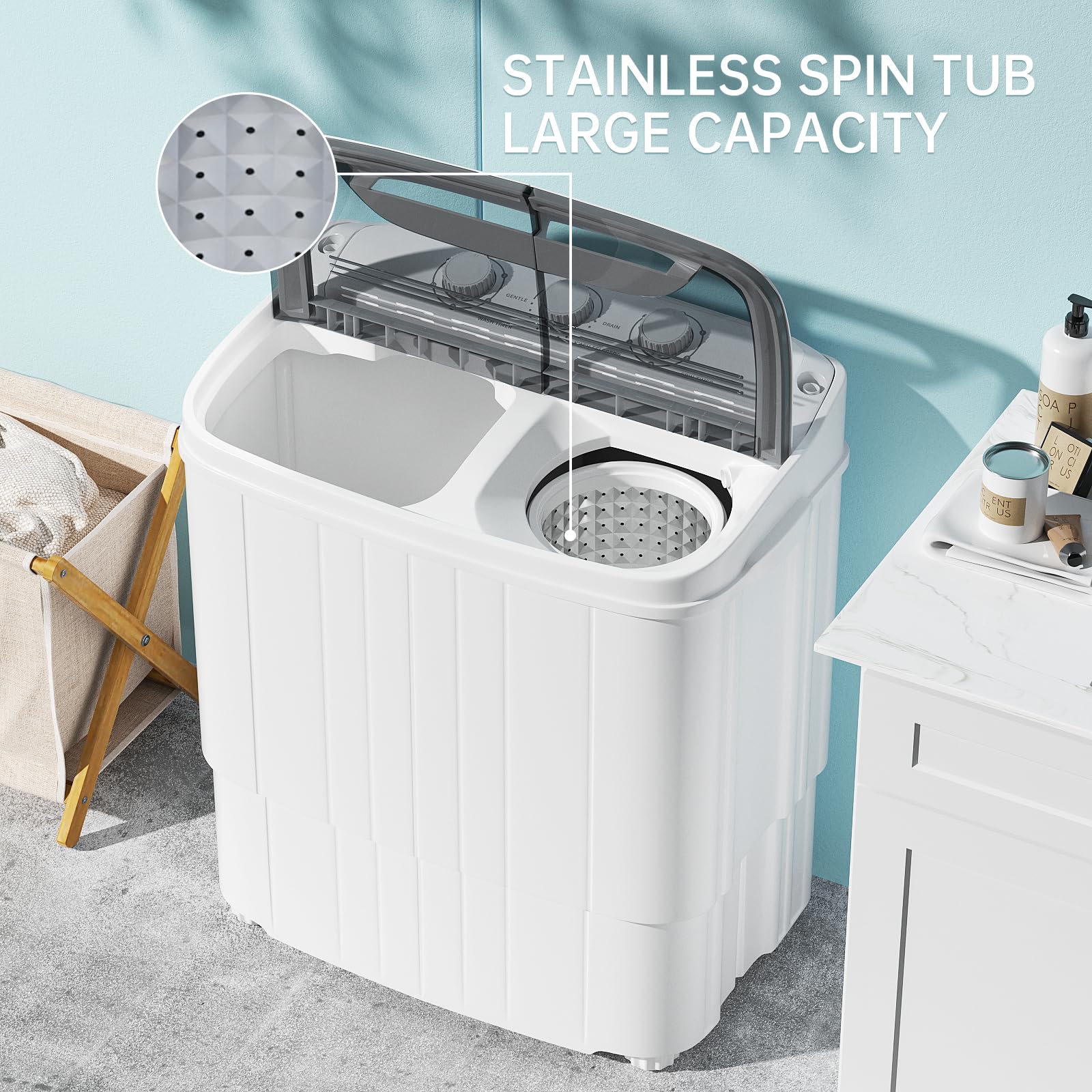 INTERGREAT Portable Washing Machine with Extended Hose - 16lbs Twin Tub Compact Washer & Dryer Combo with Drain Pump - Perfect for Dorms, Apartments, RVs & Small Spaces - Grey (Ideal for Laundry in Tight Areas & Travel)