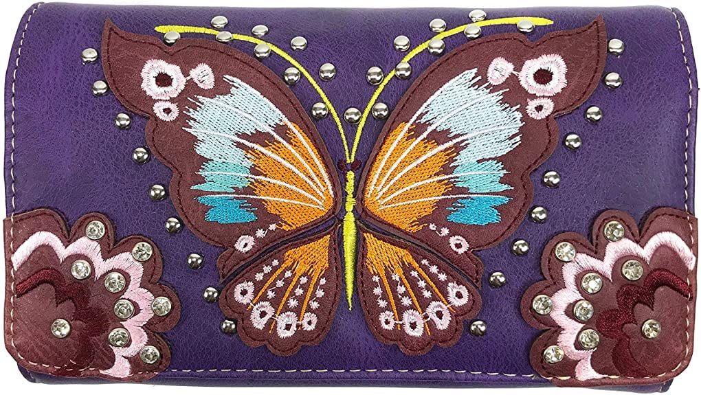 Peacock Butterfly Floral Embroidery Crossbody Trifold Wallet for Women - Stylish Purple Leather Clutch with RFID Protection | Perfect for Parties, Travel and Everyday Use