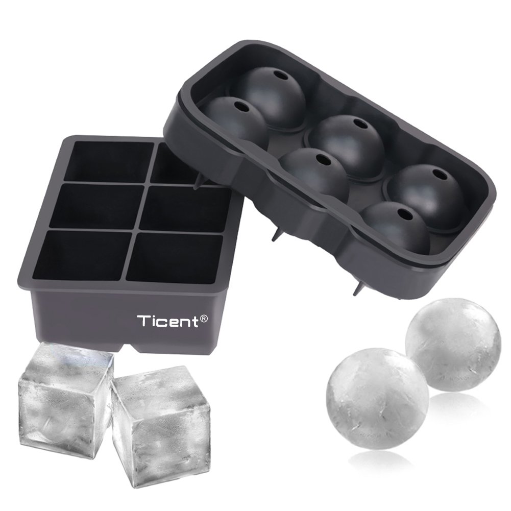 Ticent & Co Silicone Ice Cube Trays Set of 2 - Sphere Ice Ball Maker with Lid & Large Square Molds, BPA Free & Reusable for Cocktails, Whiskey, and Party Drinks