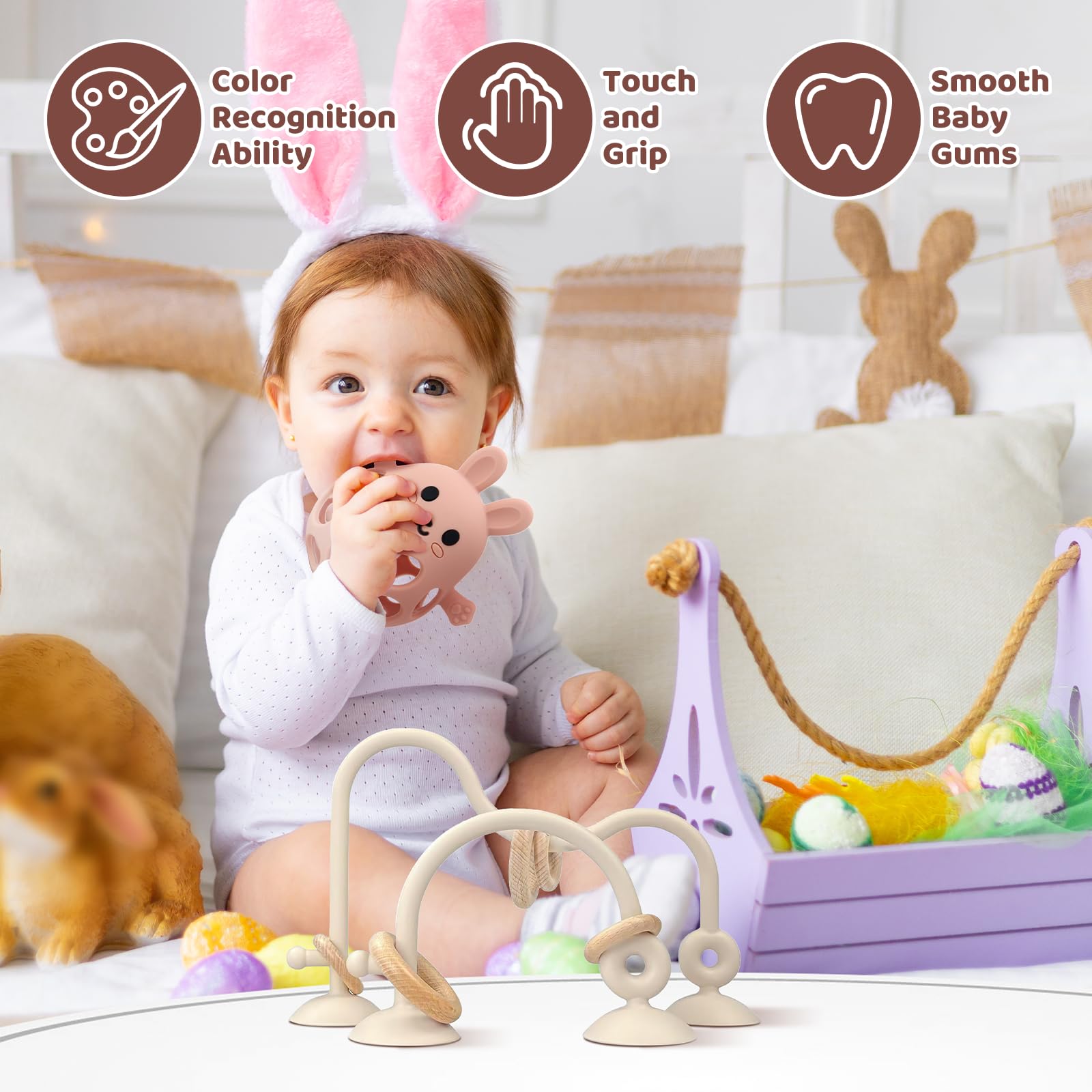 **Baby High Chair Suction Toys - Silicone Teething Chew Toys for Infants 6-12-18 Months, BPA-Free Food Grade Safe, Beige & Pink - Perfect for Dining, Travel & Playtime**