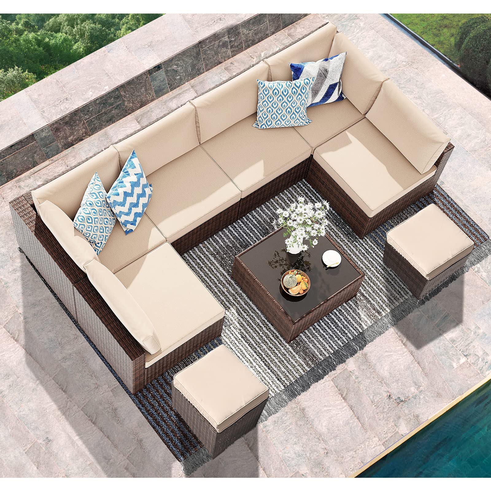 9-Piece Patio Furniture Set Outdoor Sectional Sofa All-Weather Brown PE Wicker Rattan Conversation Set with Ottoman & Glass Coffee Table - Perfect for Garden, Backyard, Poolside & Outdoor Entertaining (Beige Cushion Included)