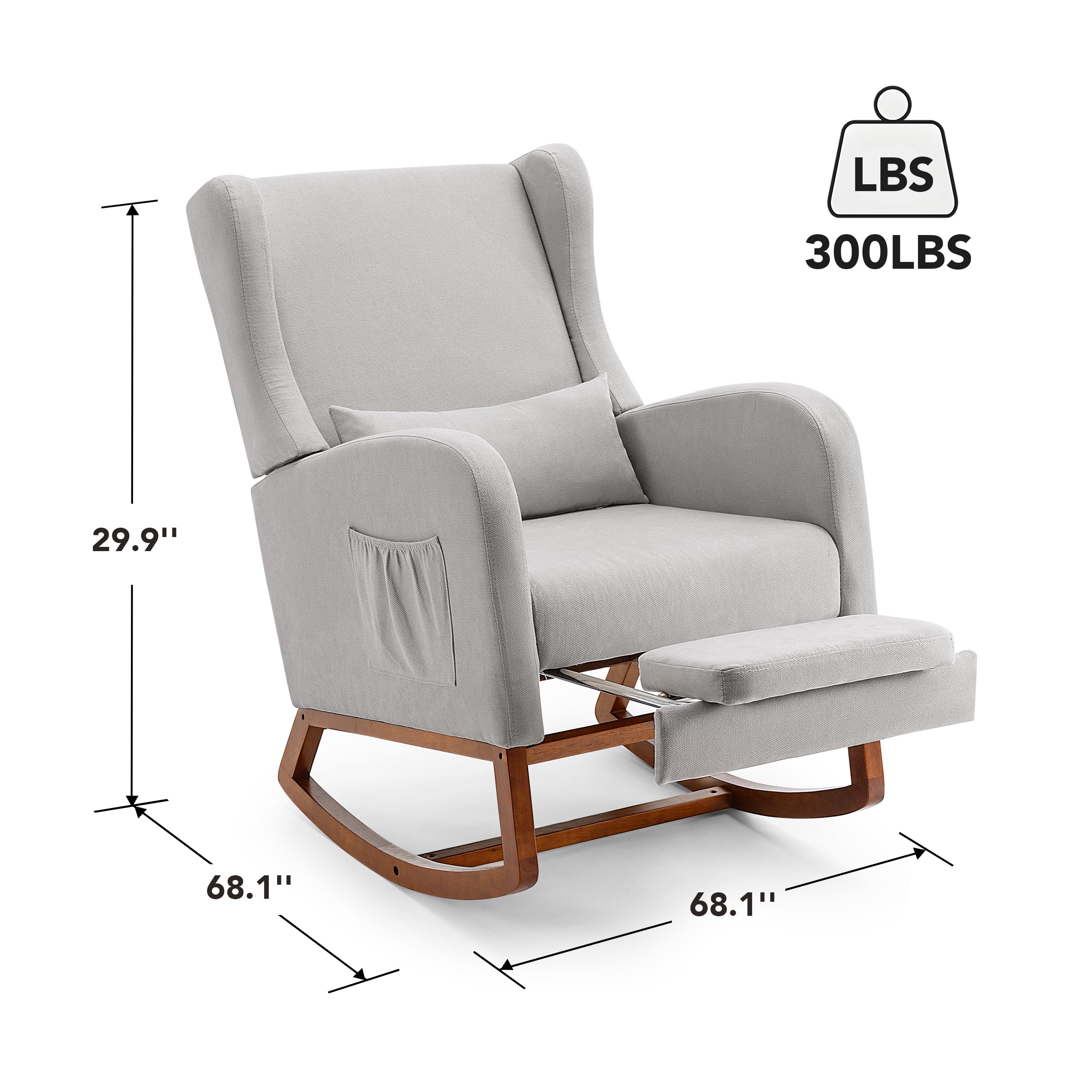 Comfortable Nursery Glider Rocking Chair with Footrest & Side Pocket - High Back Nursing Chair with Rubber Wood Legs - Grey Accent Rocker Armchair for Baby Nursery, Bedroom & Living Room - Perfect for Breastfeeding, Relaxing & Reading