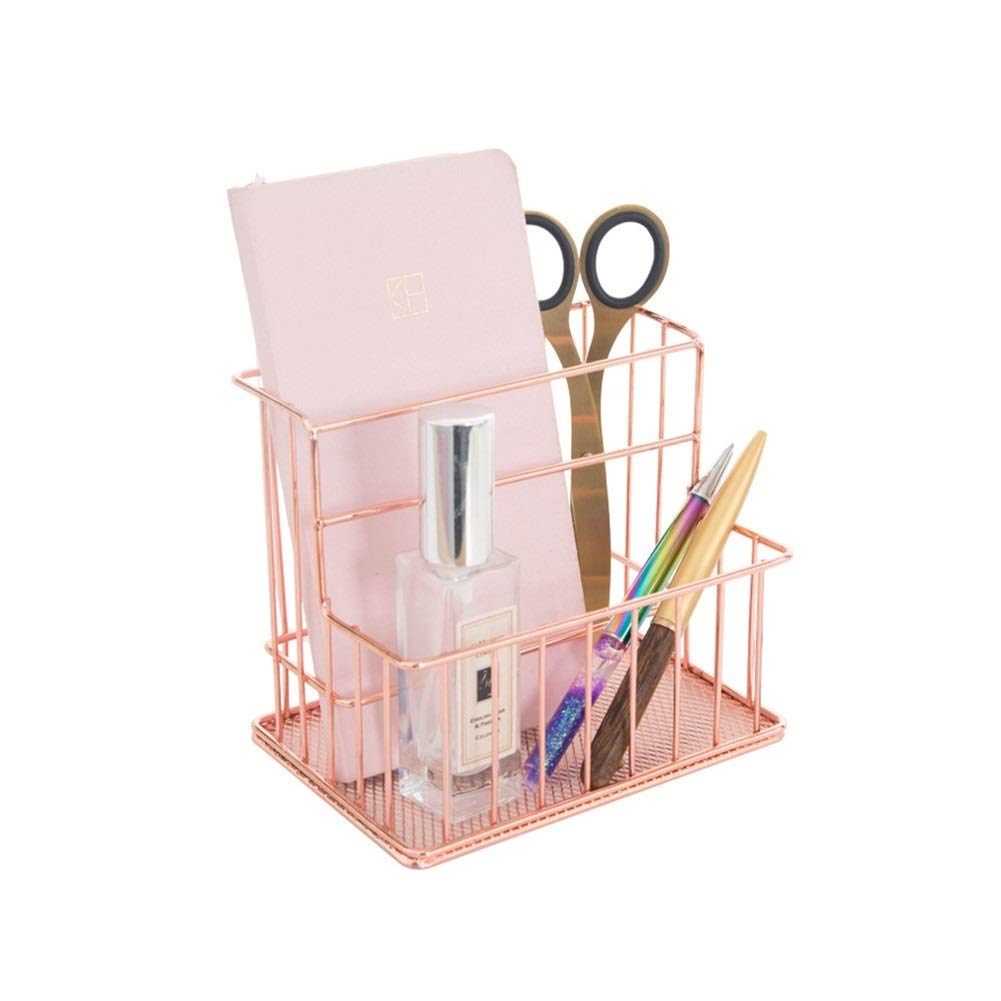 Rose Gold Desktop Stationery Organizer - Iron Art Storage Box & Pen Holder for Office, School, Home Desk Accessories | Perfect for Workspace, Study Table, and Craft Room Organization