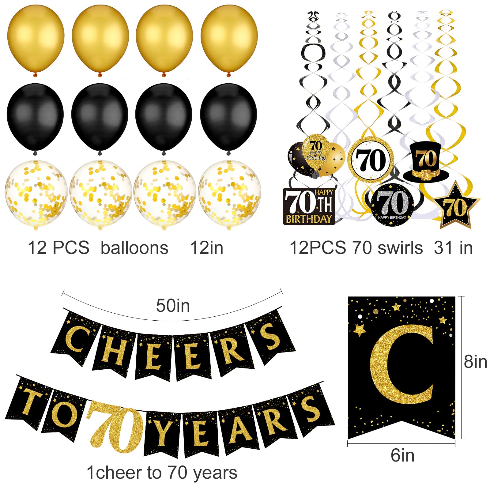 Zonon 70th Birthday Party Decorations Set - 35 Pcs Black Gold Cheers to 70 Years Banner, Tablecloth, Balloons & Centerpieces for Men & Women | Perfect for Milestone Celebrations, Retirement Parties & Anniversary Decor