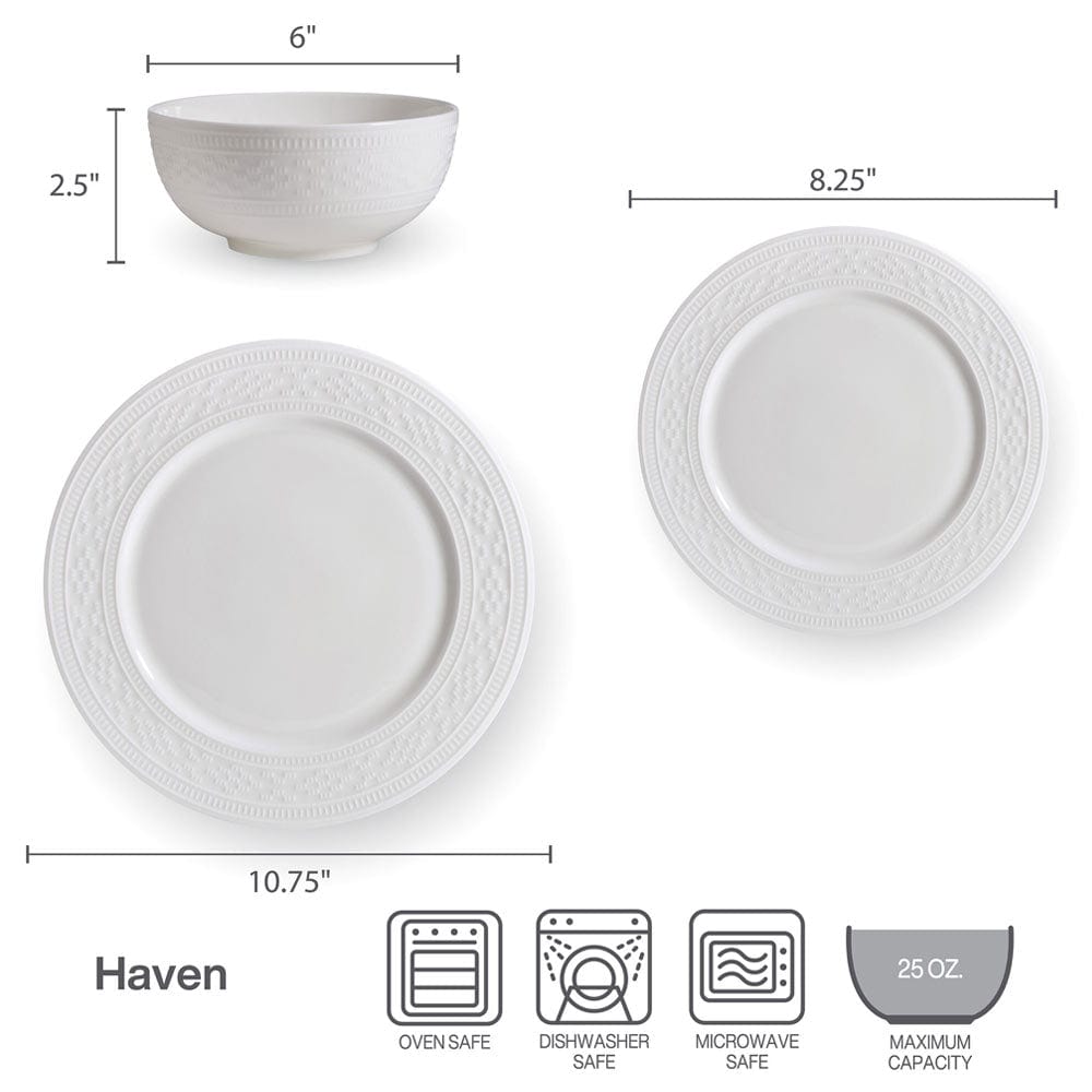 Haven 12-Piece Dinnerware Set - Porcelain Dinner Plates, Bowls & Mugs for 4 People - Elegant Tableware for Family Dinners, Parties & Restaurant-Style Dining