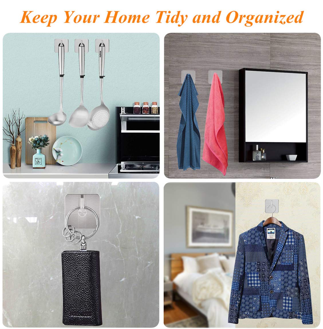 QJUZ Heavy Duty Adhesive Hooks - 4 Pack Stainless Steel Wall Hooks for Bathroom, Shower, Kitchen & Office - Perfect for Hanging Towels, Robes, Clothes, Bags, Keys & Kitchen Utensils - Strong & Rustproof SUS304 Steel for Home Organization & Space Saving