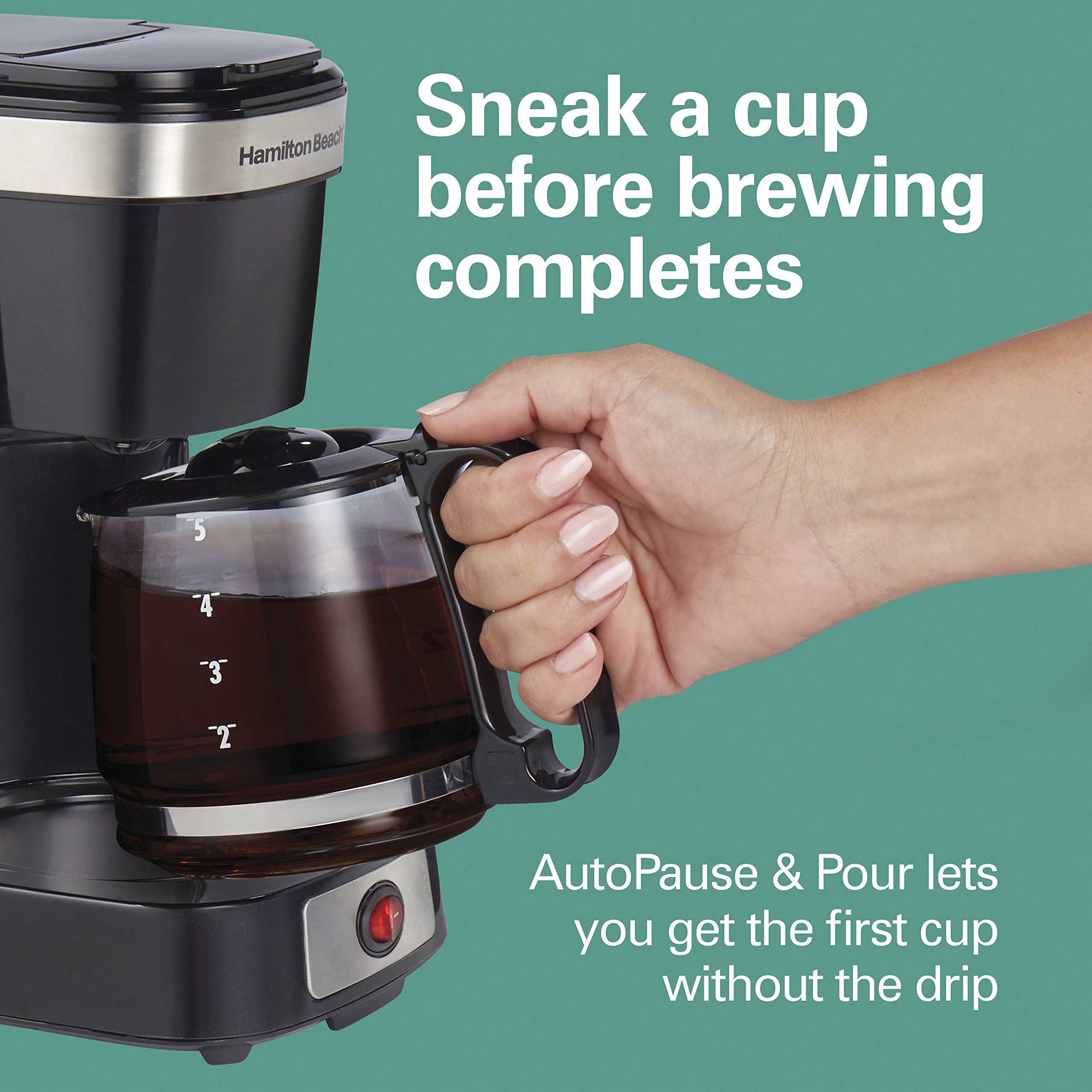 Hamilton Beach 5 Cup Compact Drip Coffee Maker with Glass Carafe - Auto Pause & Pour Feature, Smart Plug Compatible, Black & Stainless Steel (46110) - Perfect for Home, Office or Small Spaces