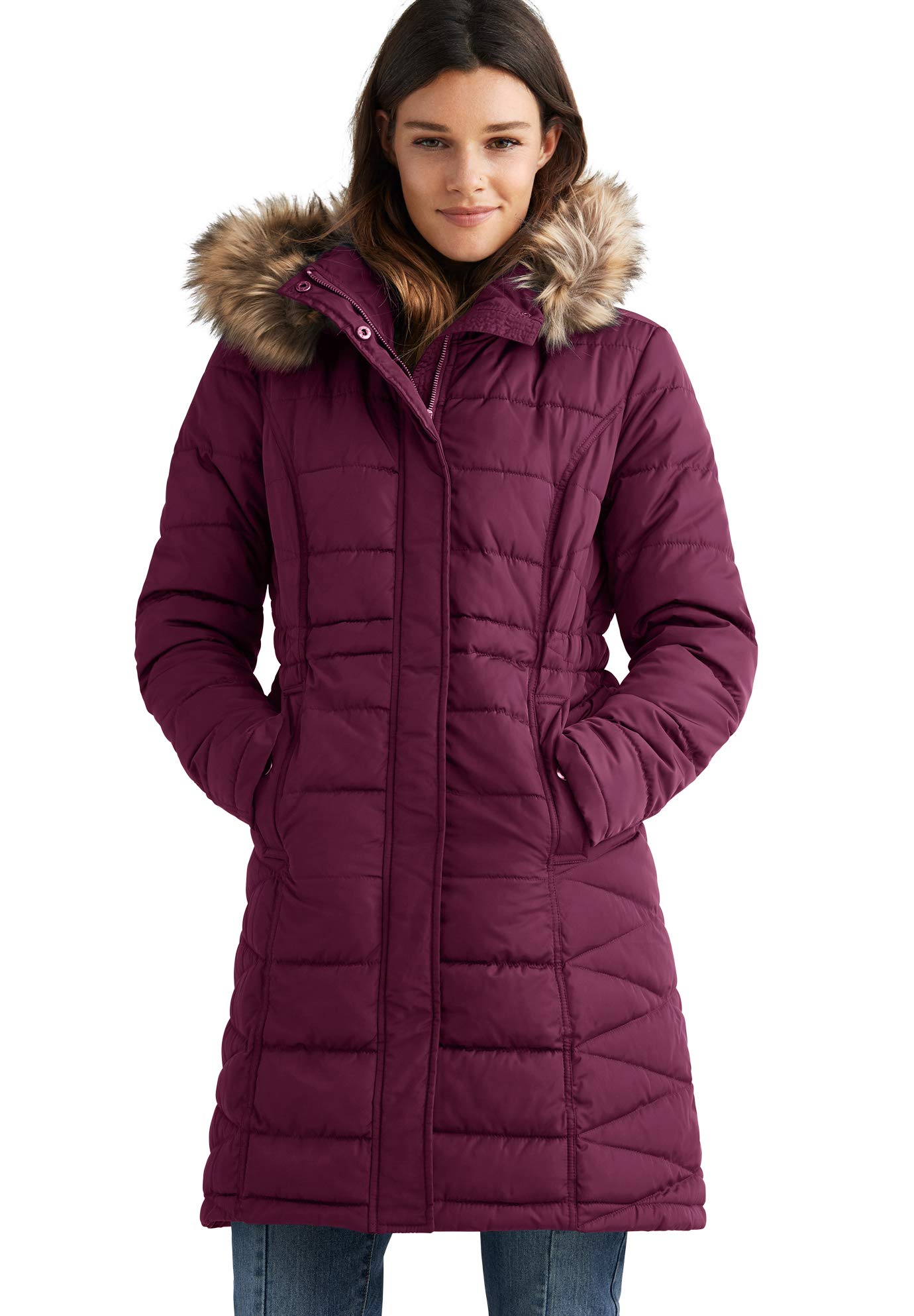 Ellos Women's Plus Size Faux Fur Trim Puffer Jacket - Winter Warm Coats for Cold Weather, Fashionable Outerwear for Casual & Outdoor Activities